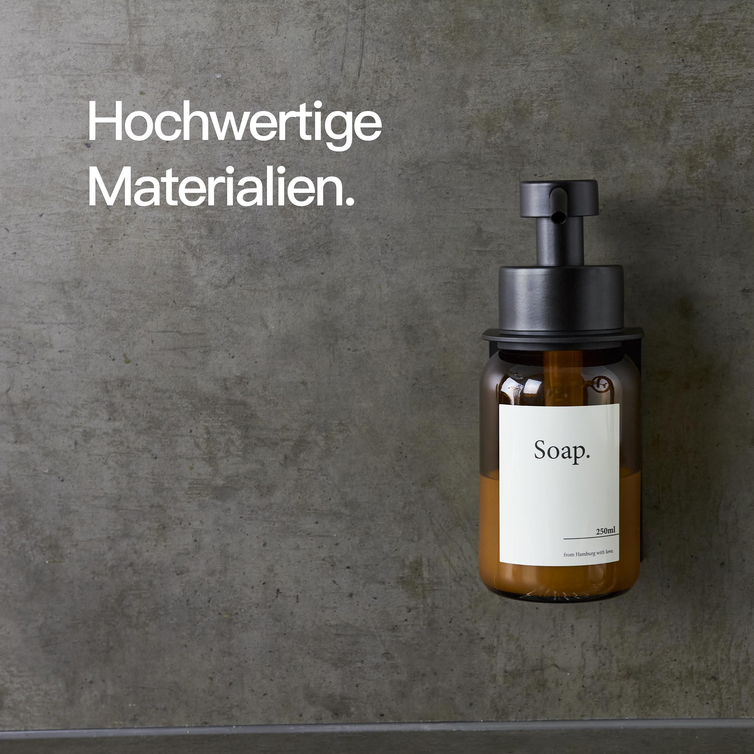 Designfabrik Hamburg Seifenspender Wandmontage ohne Bohren 250 ml, Pumpspender für Flüssigseife, (2-tlg), Glas & Edelstahl, inkl. Markenklebeband für besonders  – Bild 4 von 5