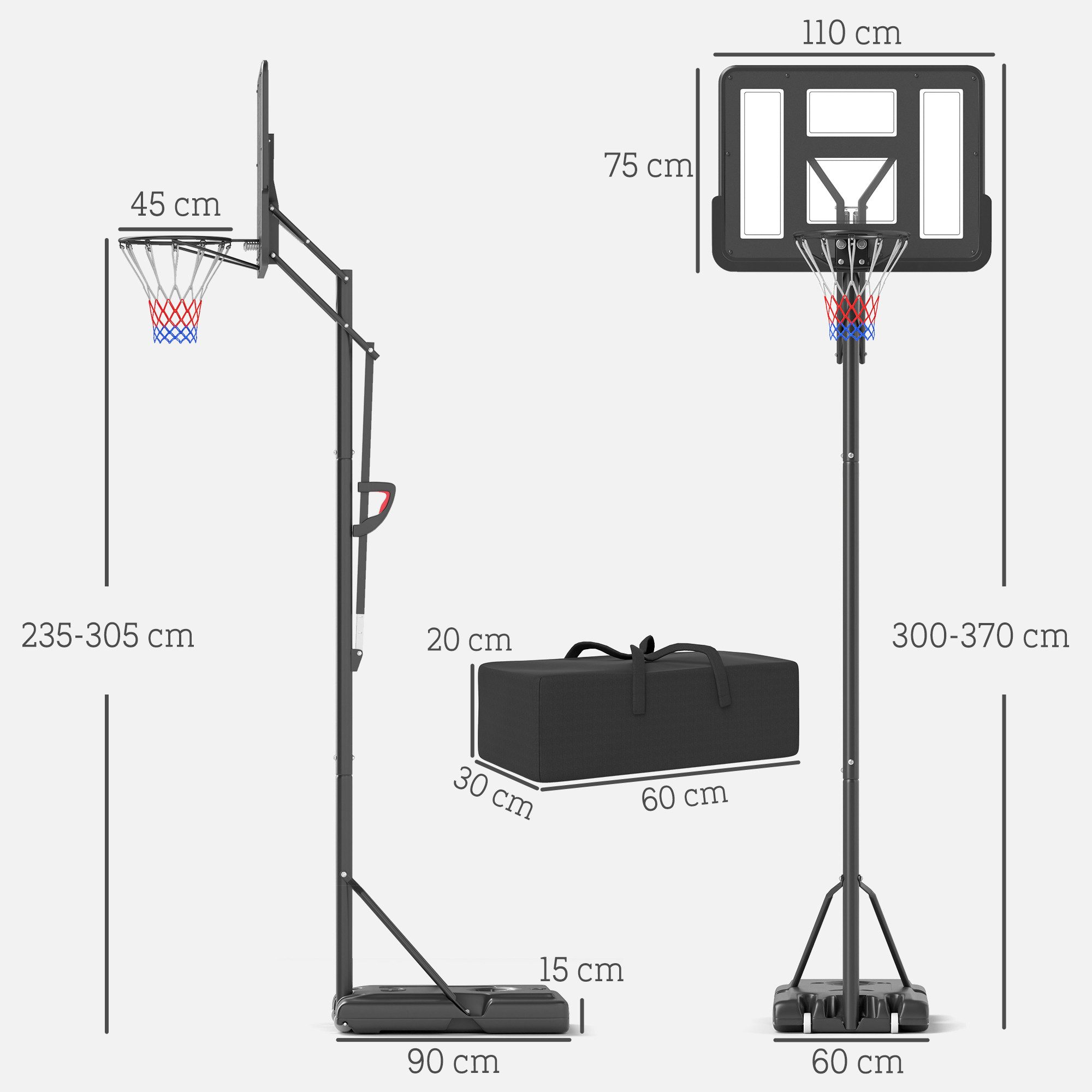 SPORTNOW Basketballständer Verstellbare Korbhöhe 230-305 cm (mit 110 x 75 cm bruchsichere Rückwand, 1-St., Basketballkorb Outdoor), mit Rädern, gefederter Korb, Gewicht für Erwachsene