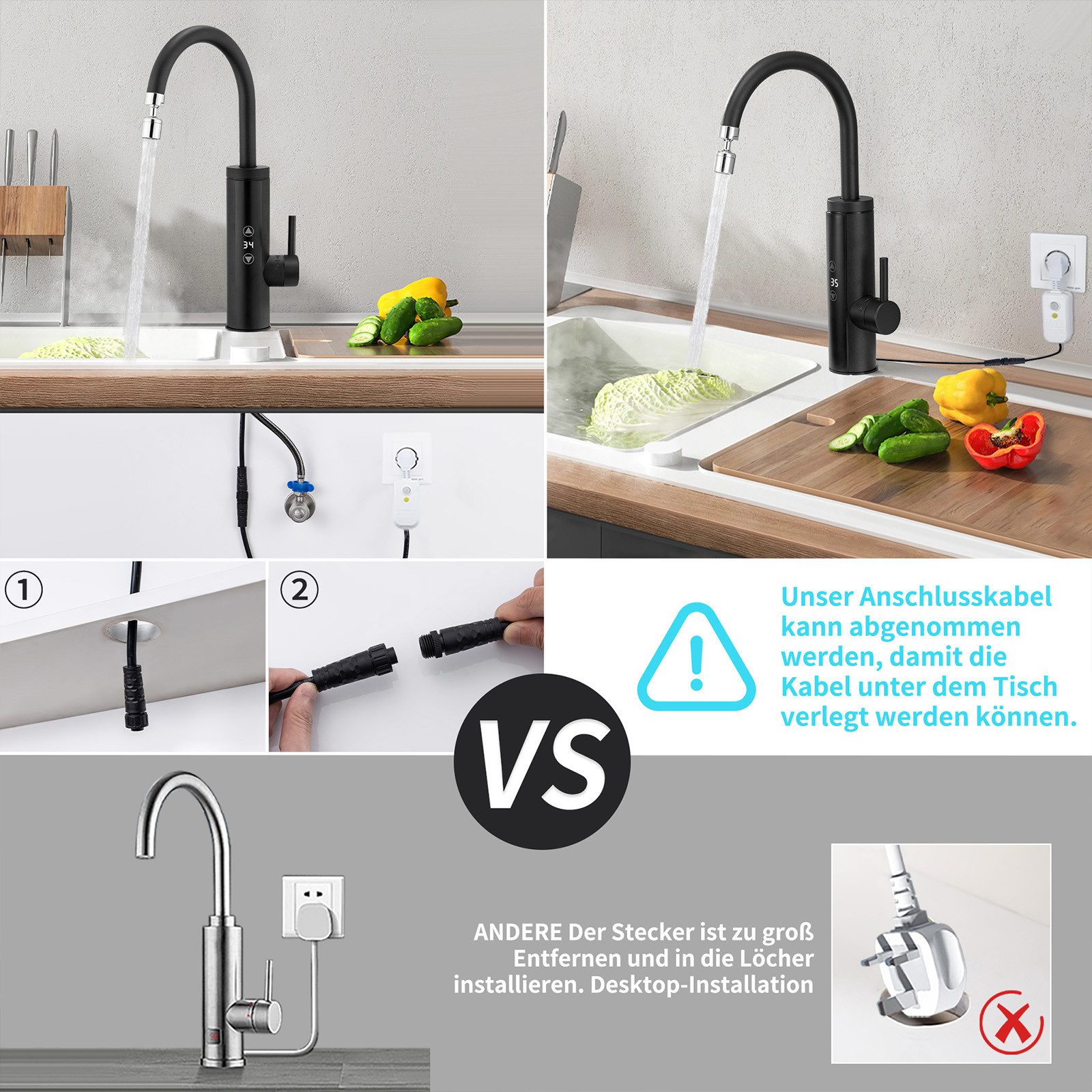 HOMELODY Küchenarmatur mit Durchlauferhitzer, Wasserhahn 360° drehbar,3-Stufen Touchregelung spültischarmatur küche,Elektrische Durchlauferhitzer,Schwarz – Bild 5 von 5