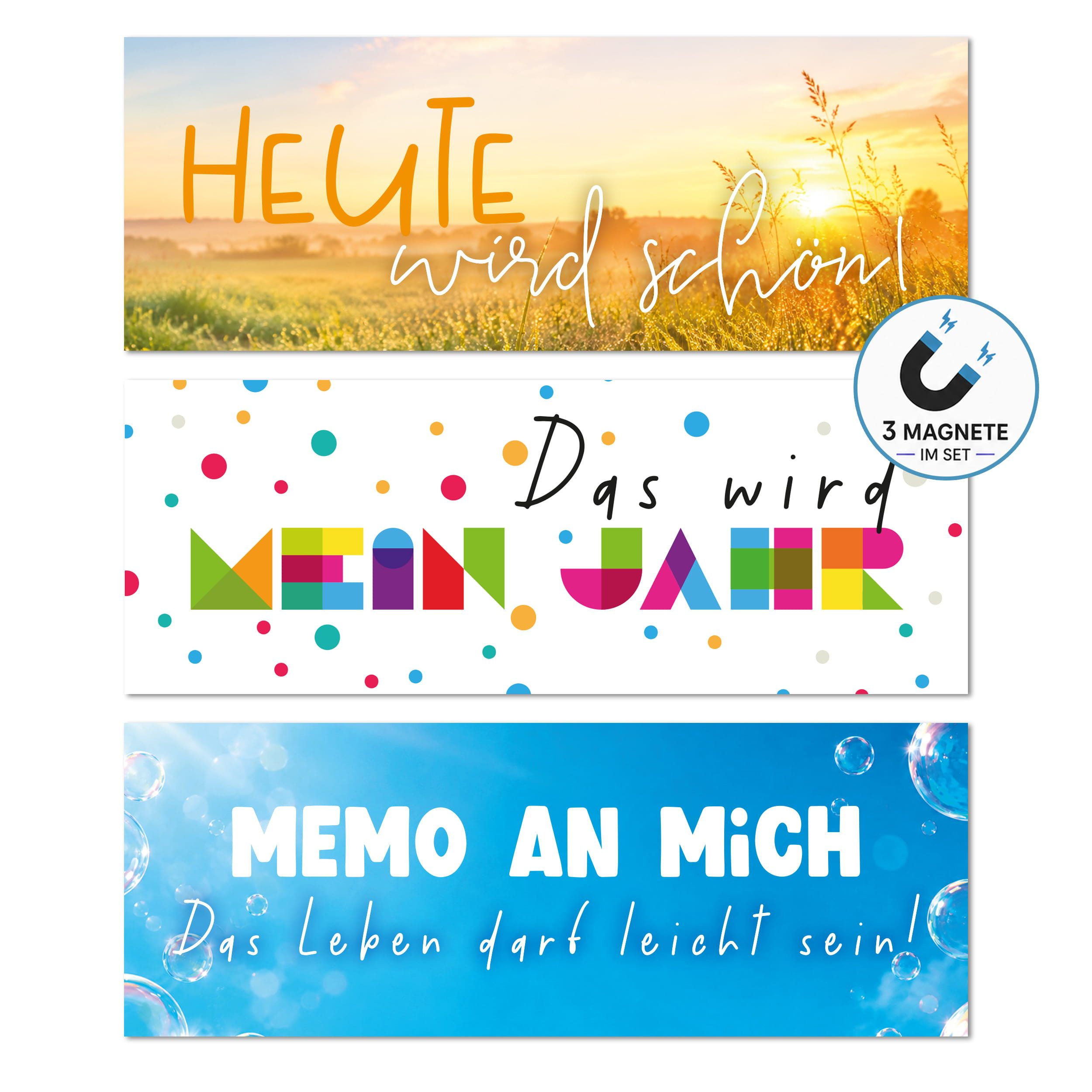 TOBJA Tischkalender Deko-Magnete 3er Set Gute Laune für Tischkalender & Kühlschrank, 3 Magnetstreifen, Sprüche, für Kühlschrank & Tafel, Geschenkidee