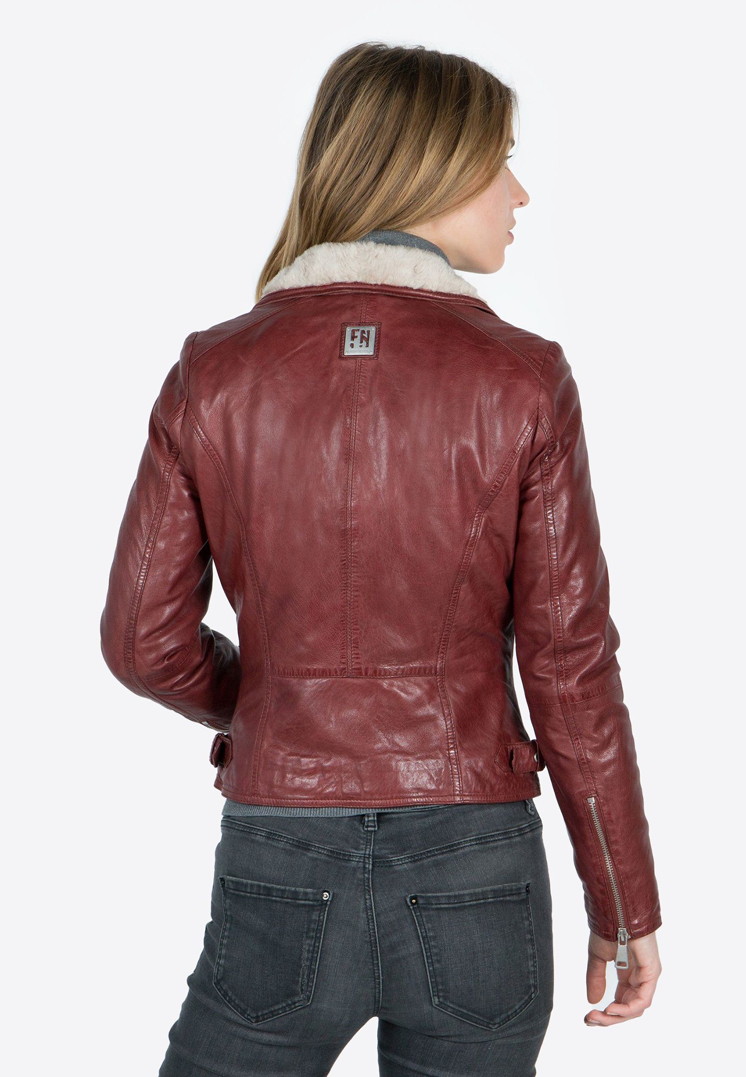 Nation Gefüttert, Lederjacke Kragen Weicher bordeaux/beige Freaky Biker Princess Kunstfell Winter