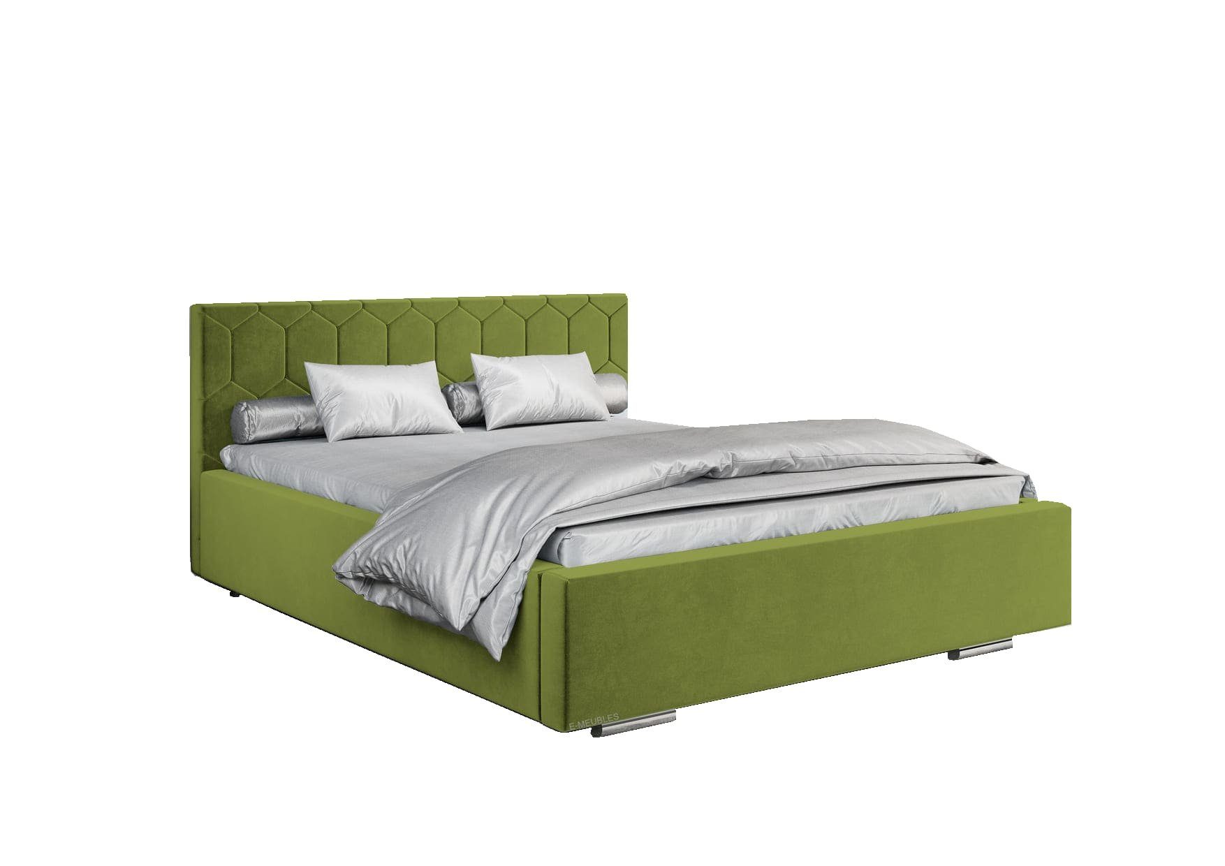 MOEBLO Polsterbett Bett 02 (Double Doppelbett mit Kopfstütze, Rahmenbettgestell, mit Bettkasten und Lattenrost), gepolstertes Kopfteil Grün (Trinity 12)
