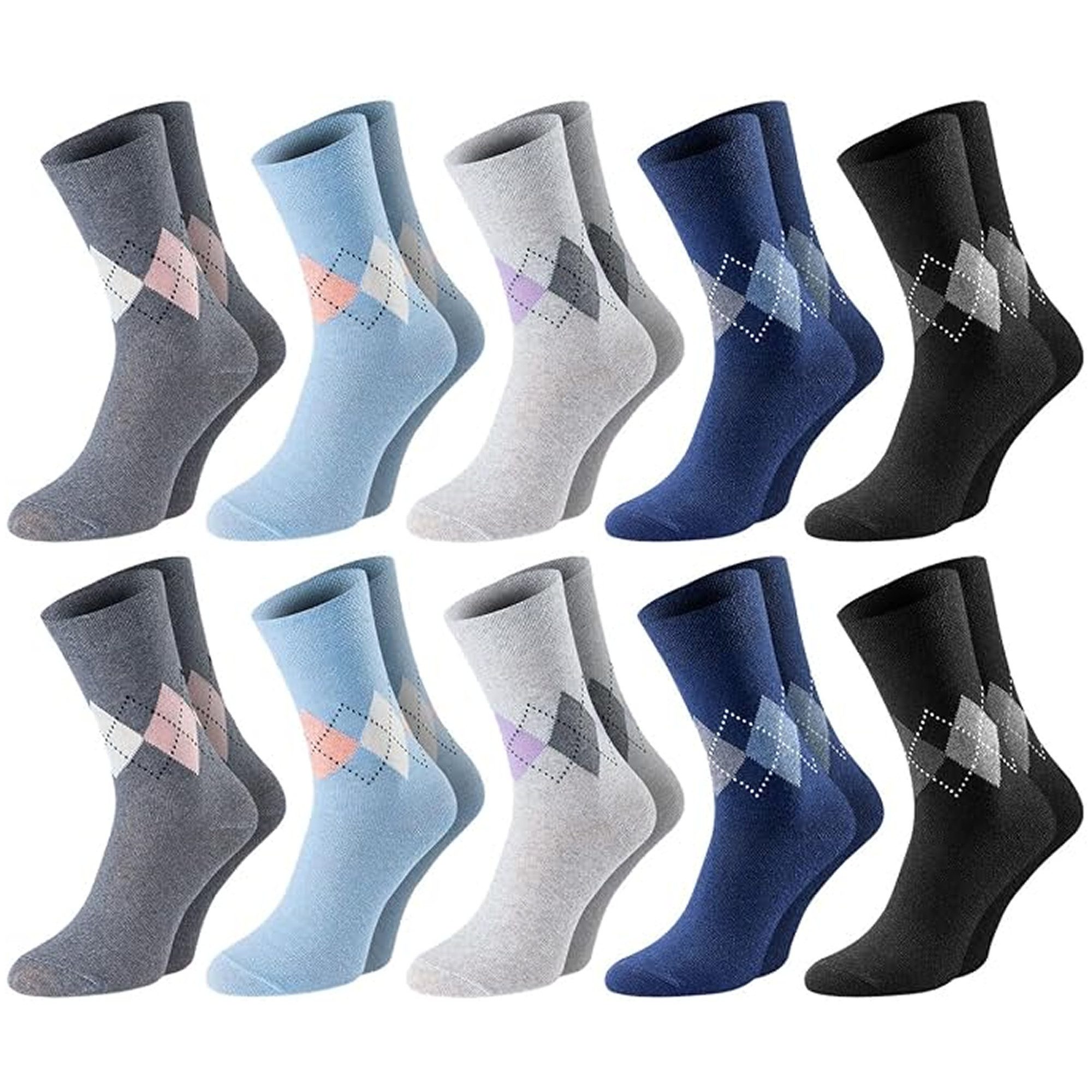Chili Lifestyle Basicsocken BestCare LADY DIAMOND Damensocken mit Rautenmuster & Karo (Multipack, 10-Paar, 5 Farbdesings) Baumwollsocken, Weichbund ohne Gummidruck