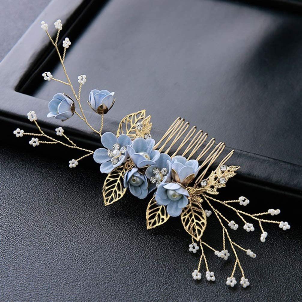 WaKuKa Diadem 4 Stück Perlen-Blumen-Braut-Haarschmuck Hochzeits-Haarkämme, blau