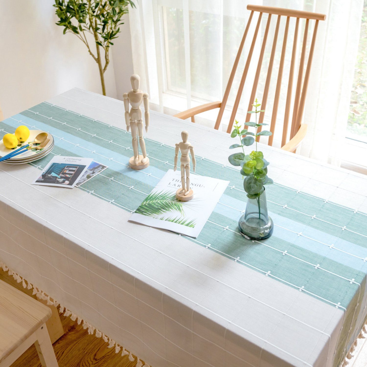 HOMEIDEAS Tischdecke (1-tlg), Gestreift Sackleinen-Tischdecken Quasten Blau mit Grün 