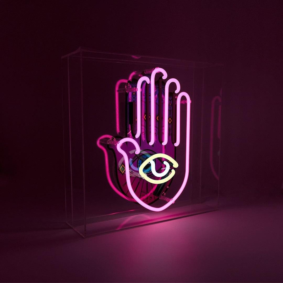 TOM NEON Dekolicht "All Seeing Eye" Glas Neon Box Neonlampe Stimmungslicht, TOM NEON, Neonlicht, Pink, Gelb, Weiß, Handgefertigt