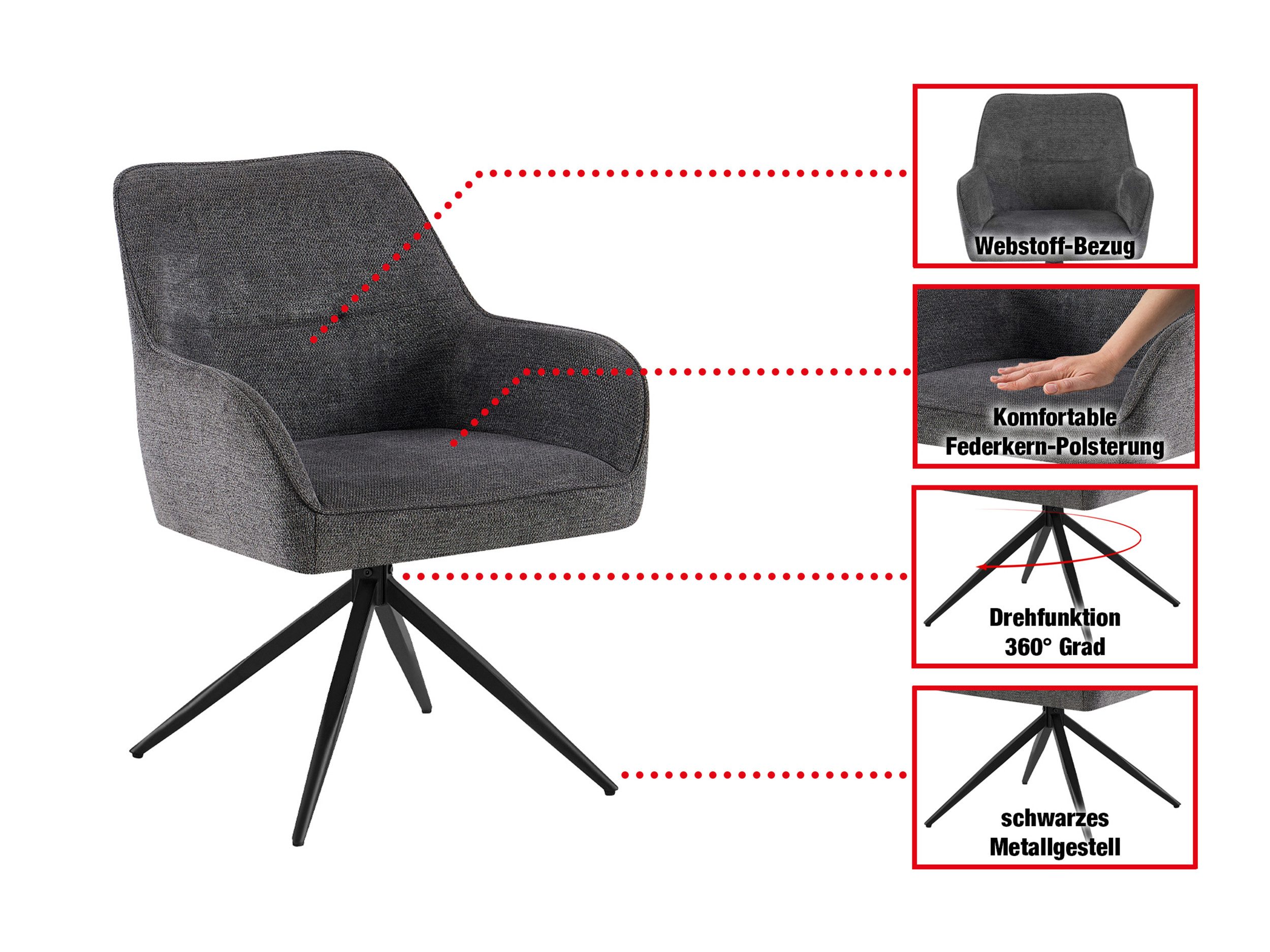 Massivart® Polsterstuhl drehbar 360 Grad, Esszimmerstuhl, Taschenfederkern Polsterung, »JETTE«, Webstoff anthrazit · Metallgestell schwarz pulverbeschichtet – Bild 4 von 5
