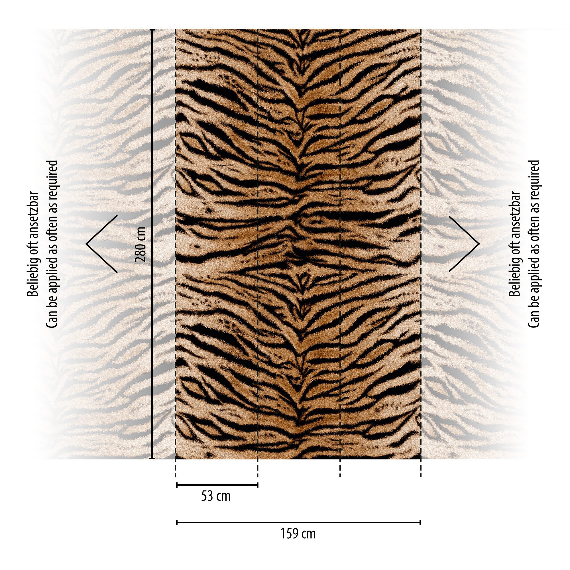 living walls Fototapete THE WALL III Tiger Tapete Motivtapete Fell Tiger, glatt, matt, (1 St), Vliestapete Animalprint für Schlafzimmer Küche Wohnzimmer Tiger Design