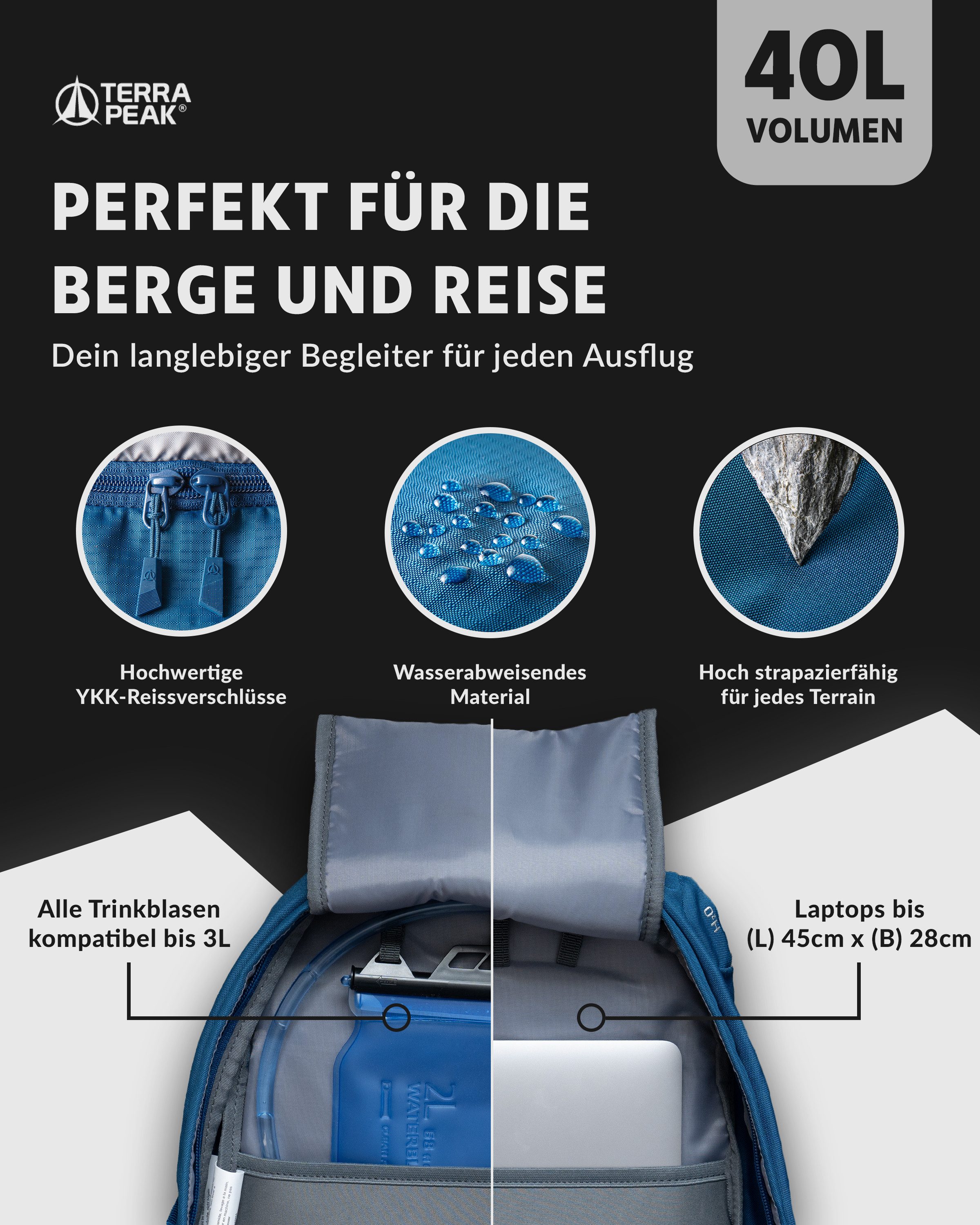 Terra Peak Wanderrucksack Flex 40, Wanderrucksack 40L mit YKK Reißverschluss & Halterung für Trinksystem