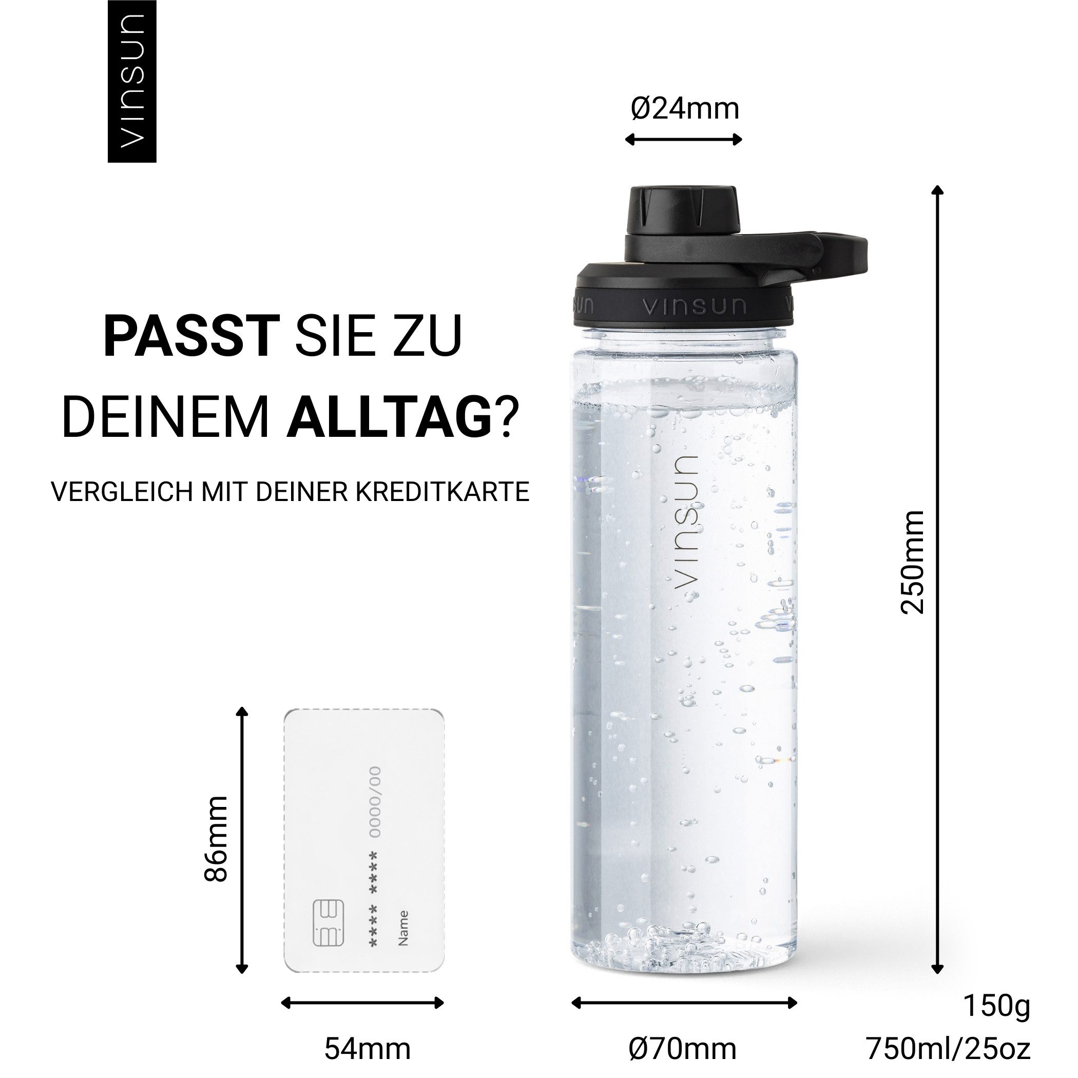 Vinsun Trinkflasche Sportflasche 750ml - Wasserflasche BPA frei & Kohlensäure geeignet, Auslaufsicher, bruchsicher, wiederverwendbar, leicht, Tritan Flasche – Bild 5 von 5