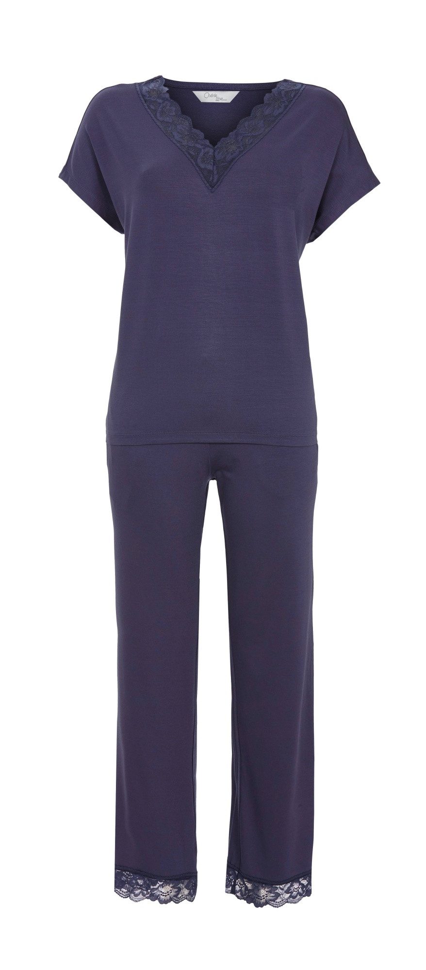 Chérie Line Pyjama mit langer Hose und Spitzenbesatz am Ausschnitt und Beinabschluss (2 tlg) Jersey aus Viskose mit Elasthananteil