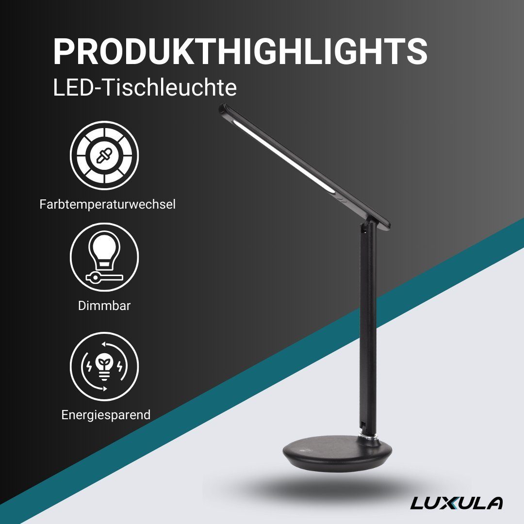 LUXULA LED Schreibtischlampe LED-Tischlampe, mit Dimm- und CCT-Funktion, 9 W Leistung, in schwarz, LED fest integriert, Tageslichtweiß, kaltweiß, neutralweiß, warmweiß, Farbwechsel-Funktion, Touch, Dimmfunktion
