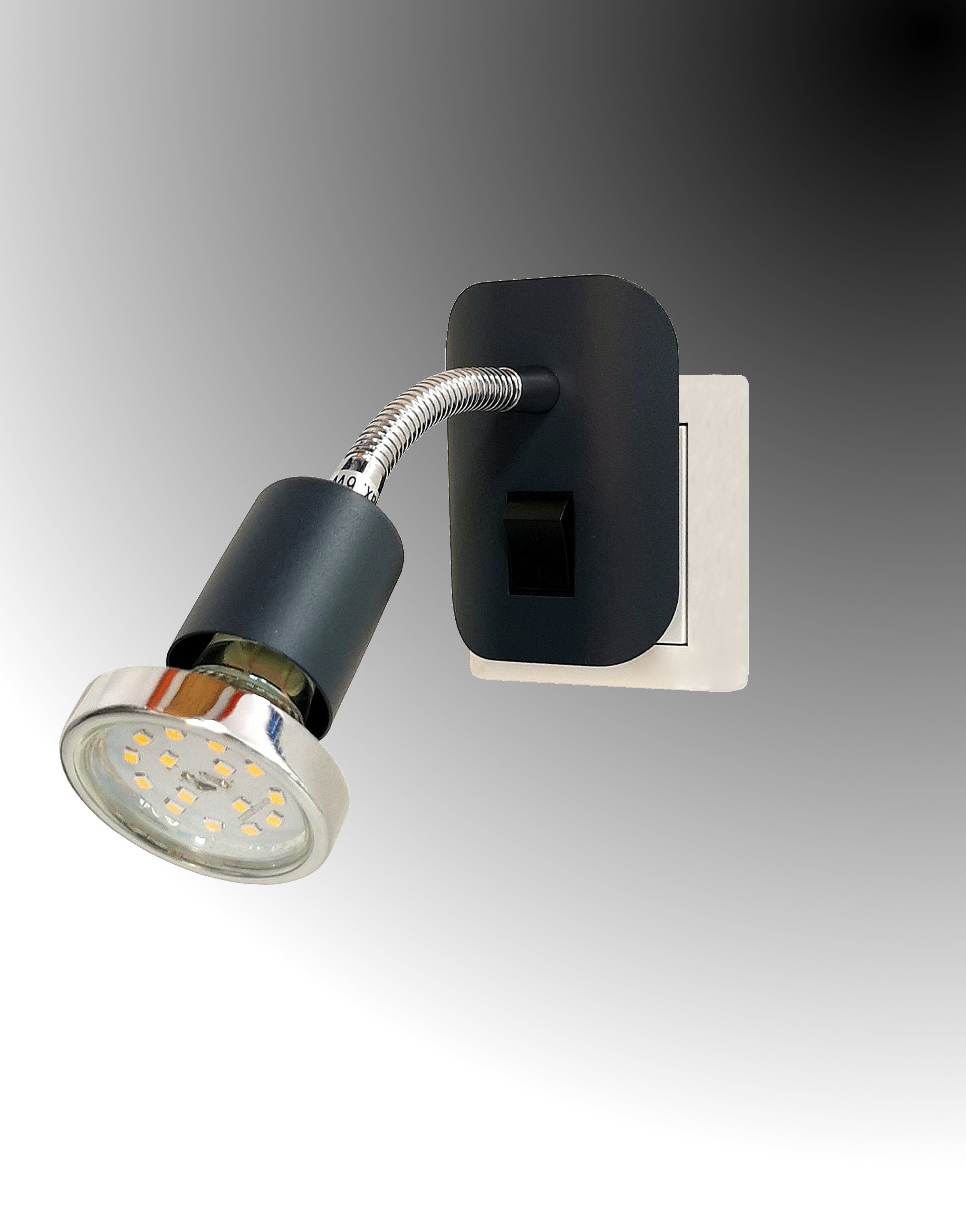 TRANGO LED Steckdosenleuchte, 11-055 Steckerleuchte im Anthrazit-Schwarz Steckerlicht *FLEXI* Nachtlicht inkl. je 1x GU10 3000K warmweiß LED Leuchtmittel Chrom Ring, ON/OFF Schalter Leselampe, Wandlampe, Küchenlampe