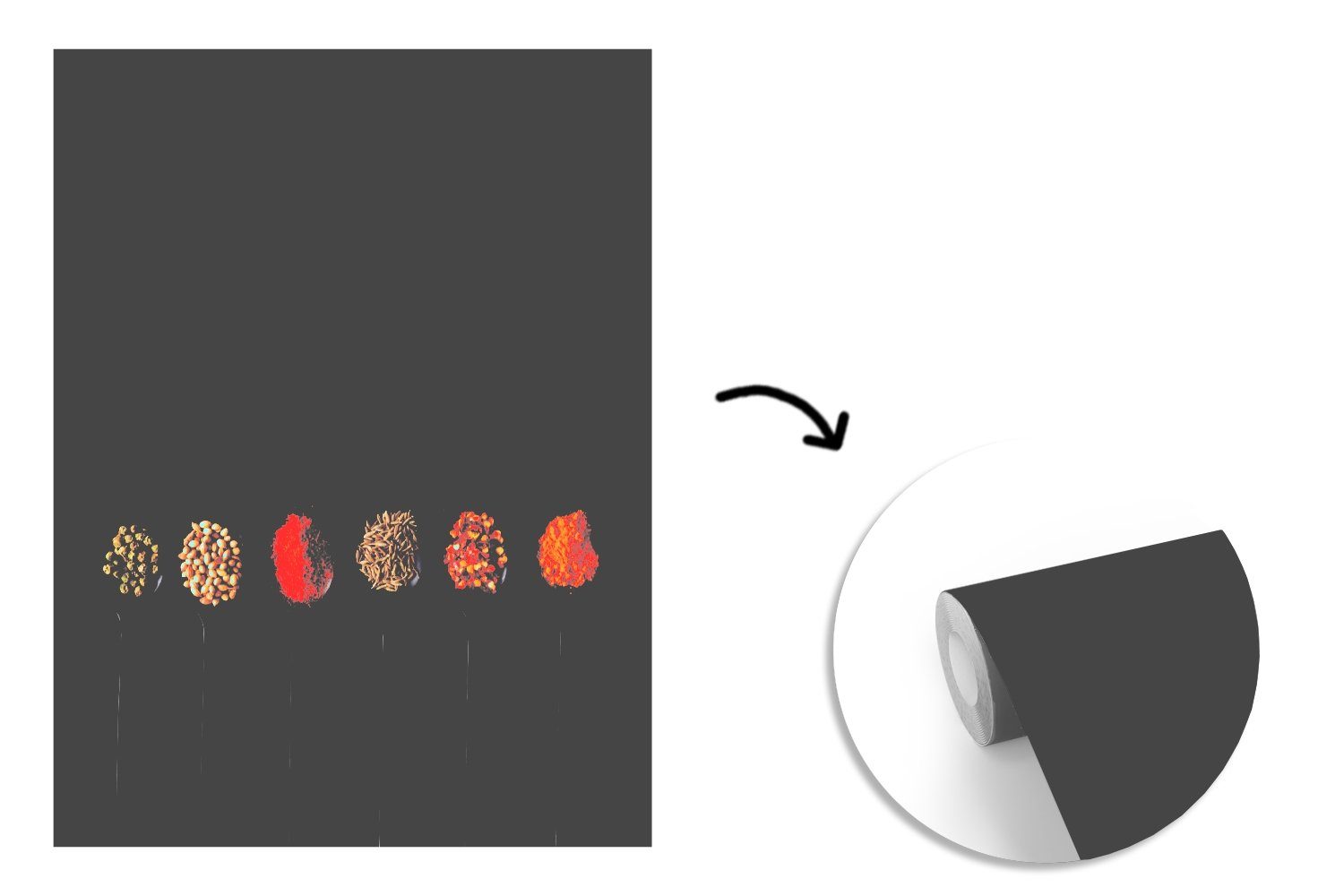 Rustikal, Wohnzimmer, - - Wandtapete Matt, St), Vinyl für - Löffel Tapete Fototapete - bedruckt, Montagefertig (4 Gewürze Schwarz Gewürze MuchoWow