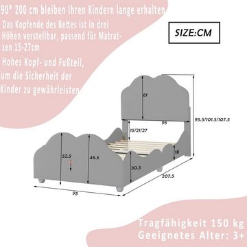 Merax Polsterbett, 90x200cm mit höhenverstellbarem Kopfteil, Kinderbett mit Lattenrost