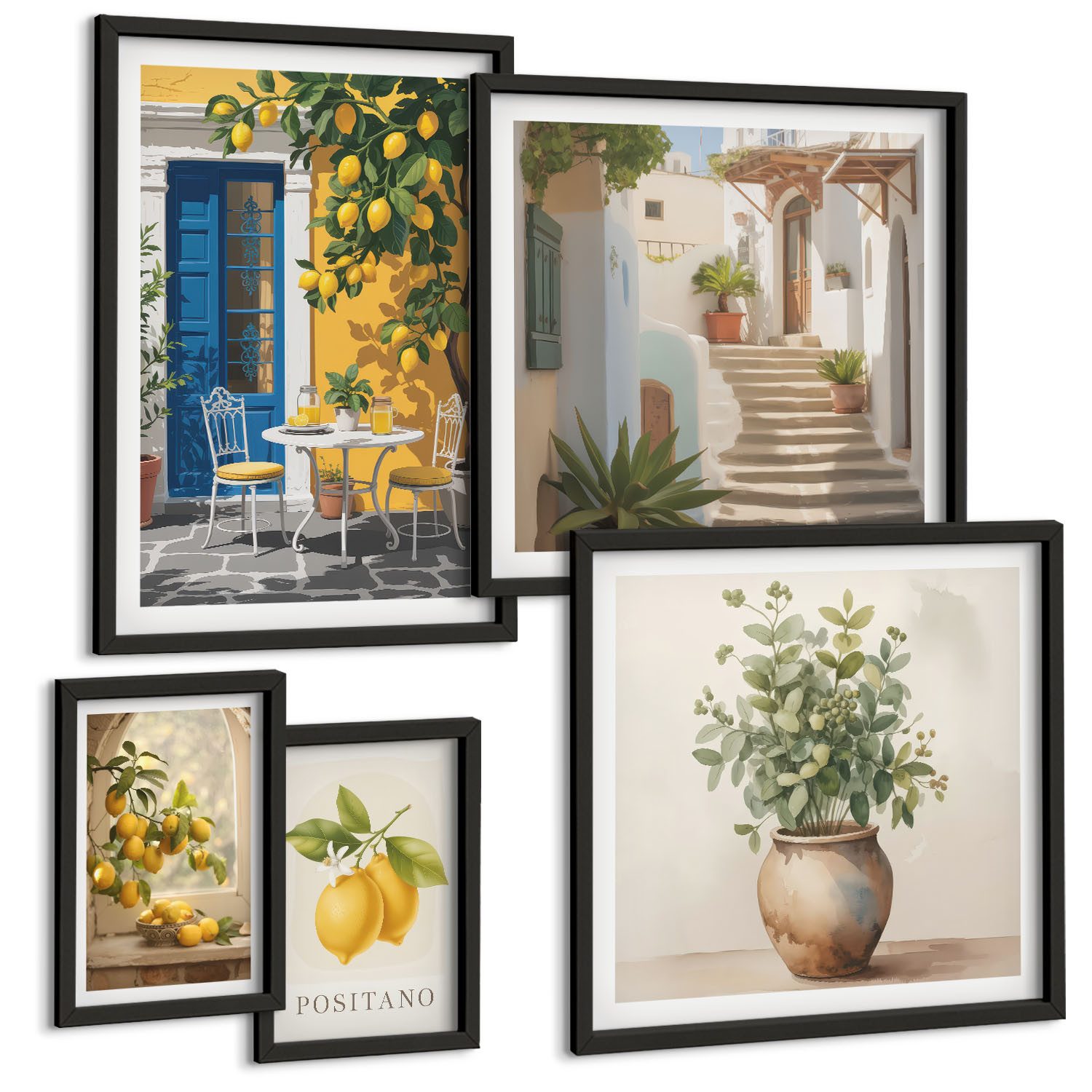 Tulup Mehrteilige Bilder 5er-Set mit Zitrusinspirationen im mediterranen Stil, Inspirationen im Zitrus-Stil, Gelb