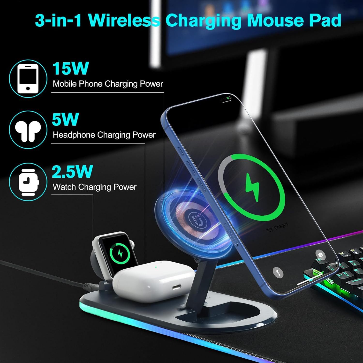 Toomoke Gaming Mauspad RGB Mousepad Induktive Ladestationen 15W kabelloses Laden (für Büro und Zuhause, schwarz, Wireless Charger, Wasserfestes Mauspad mit Handyhalterung), 800 × 300 × 17 mm, 15 RGB-Beleuchtungsmodi,3 in1 MagSafe Ladegerät