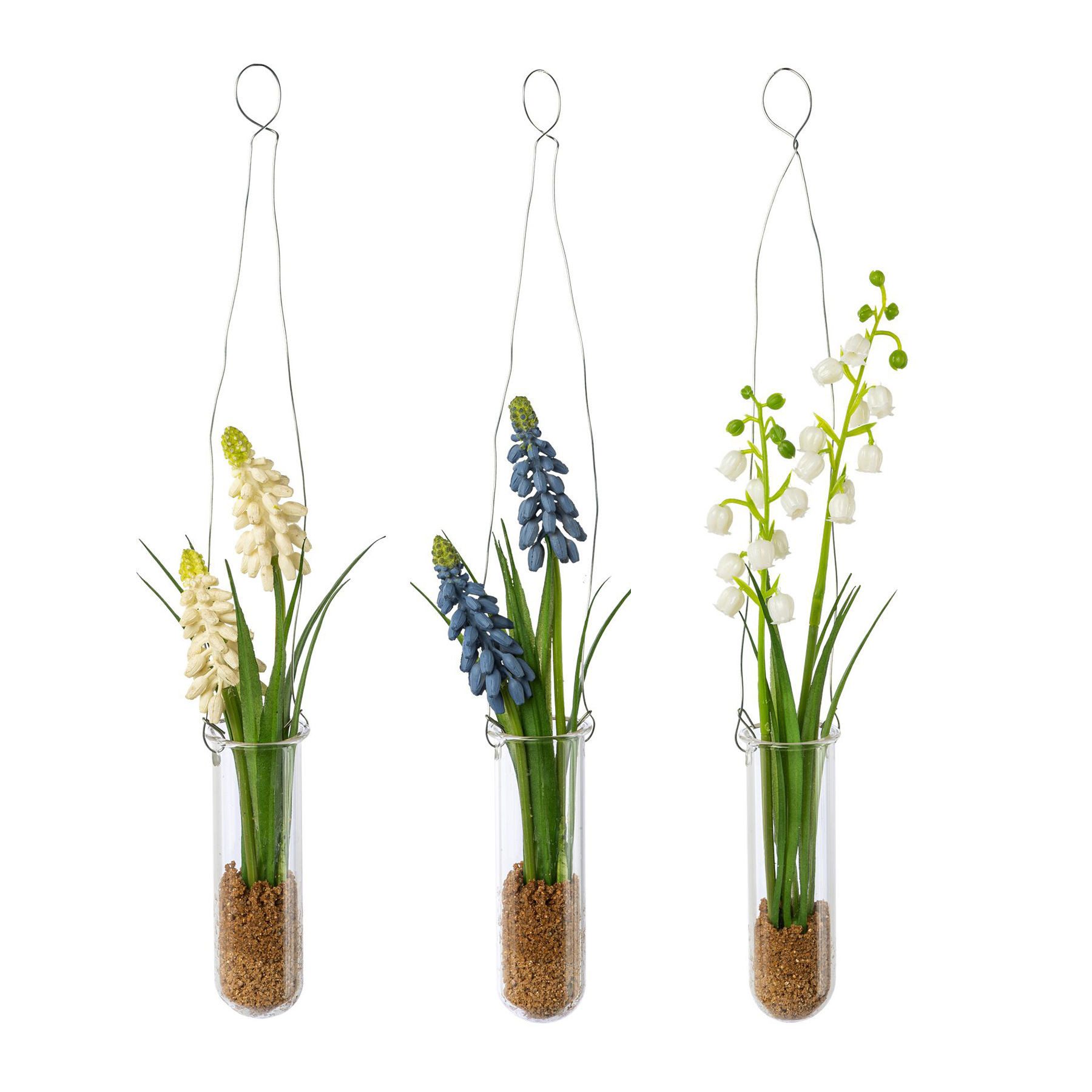 Kunstblume Hängende Glasvase mit Kunstblumen, für Fenster & Wand, 3er-Set Frühlingsblumen, Dekorieren macht glücklich, pflegefreie Frühlingsdeko zum Hängen, Höhe ca. 30 cm