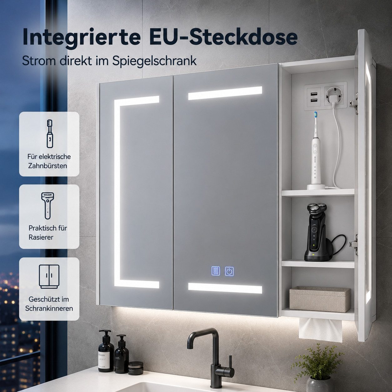 Simurq Badezimmerspiegelschrank LED-Spiegelschrank 100 × 60 cm, 3-türig, 3 Lichtfarben, Anti-Beschlag (Einzelartikel, 1-St., 1 Spiegelschrank) 3 Lichtfarben, Ti – Bild 5 von 5