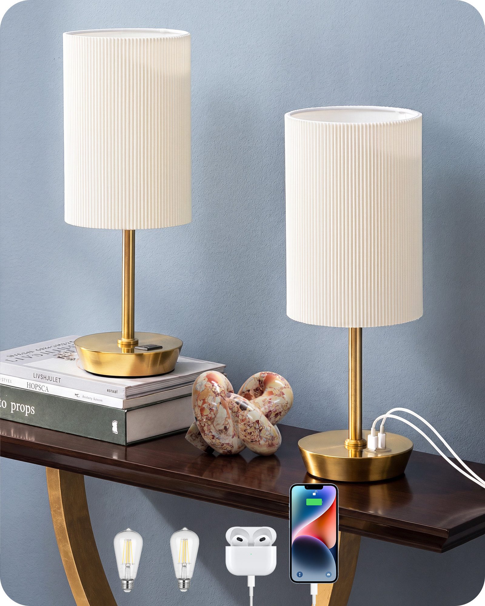 EDISHINE LED Nachttischlampe 2er-Set Tischleuchten mit USB, Dekolampen, LED wechselbar, warmweiß, Touch Dimmbar, kleine Tischlampe mit Ladefunktion