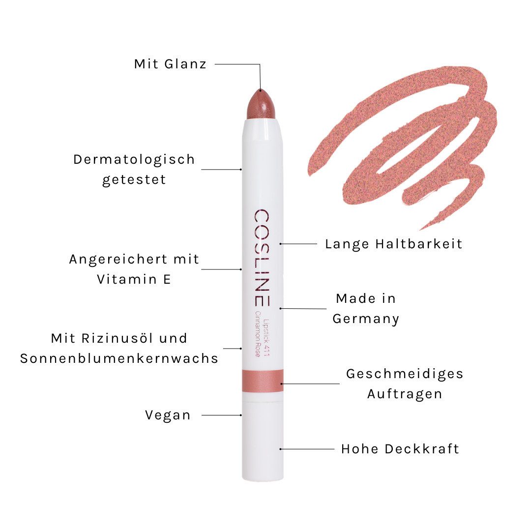 Cosline Cosmetics Lippenstift langanhaltend, pflegend, cremige Textur, mit natürlichen Inhaltsstoffen, Made in Germany