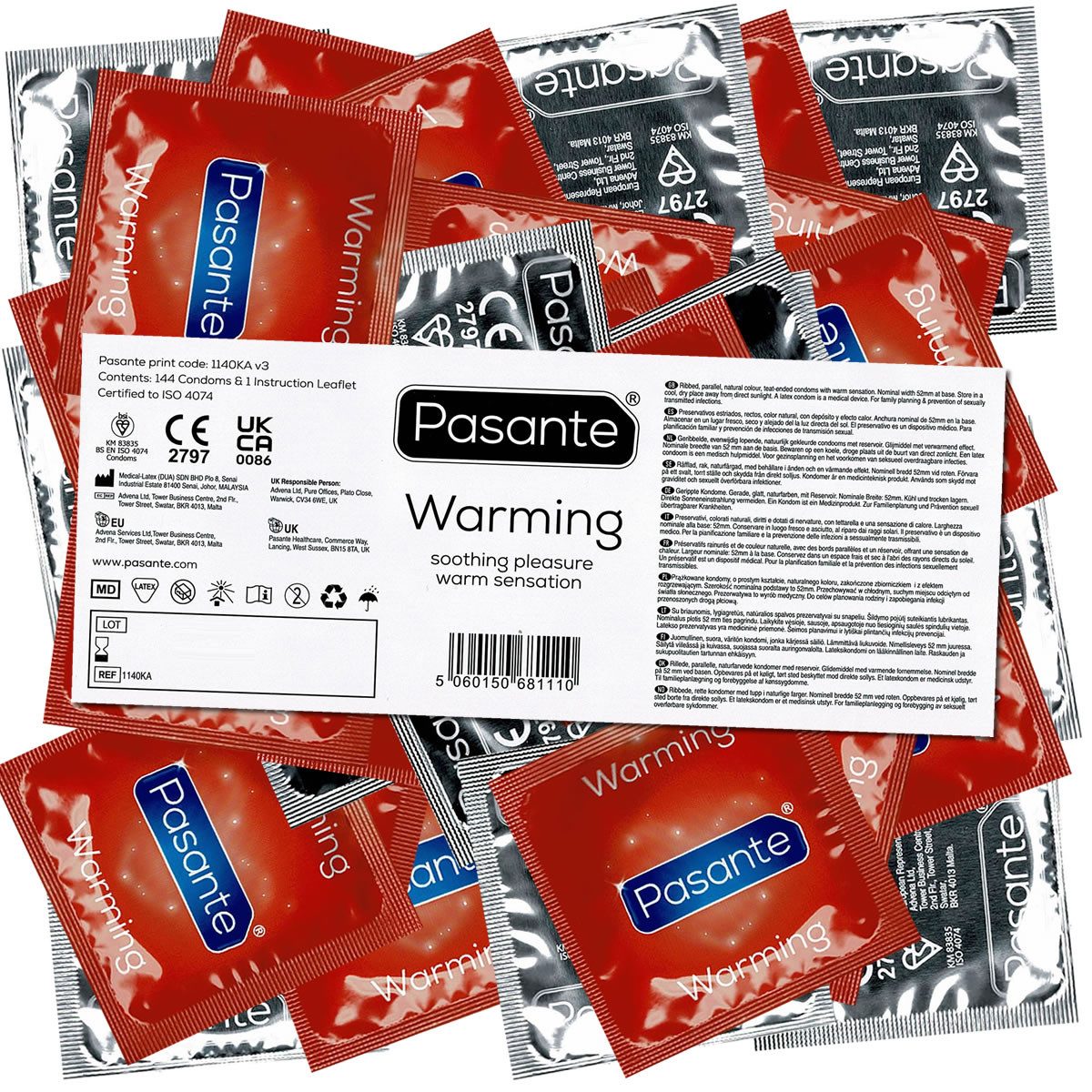 Pasante Kondome Warming (gerippte Kondome mit Spezialbeschichtung) Packung mit, 144 St., wärmender Effekt für intensive Stimulation