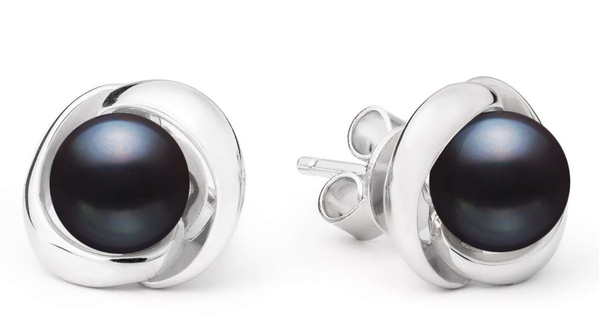 Gaura Pearls Ohrstecker-Set Modern echte Perle schwarz rund 7-7.5 mm, Einfassung "Blüte", 925er rhodiniertes Silber