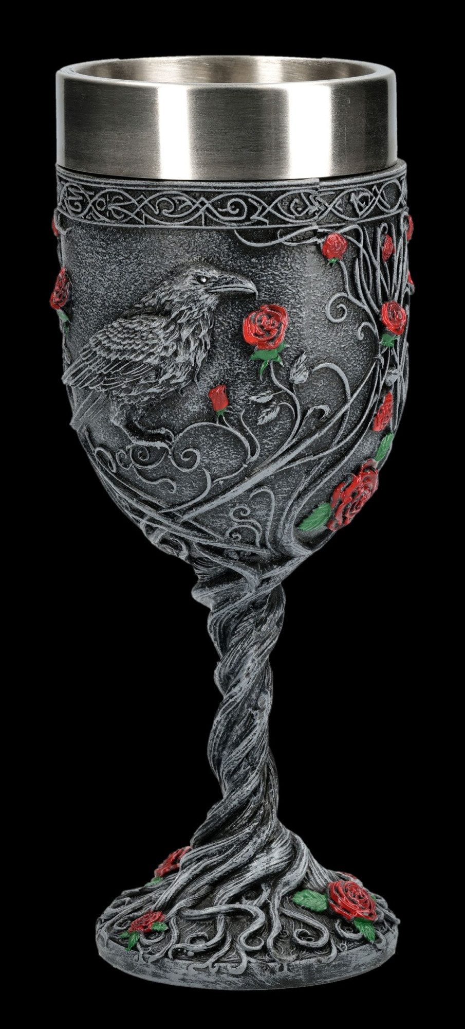 Figuren Shop GmbH Becher Gothic Raben Kelch – Rosen Weinkelch Horror Deko Sammlerstück 19.5 cm, Kunststein (Polyresin), Edelstahl