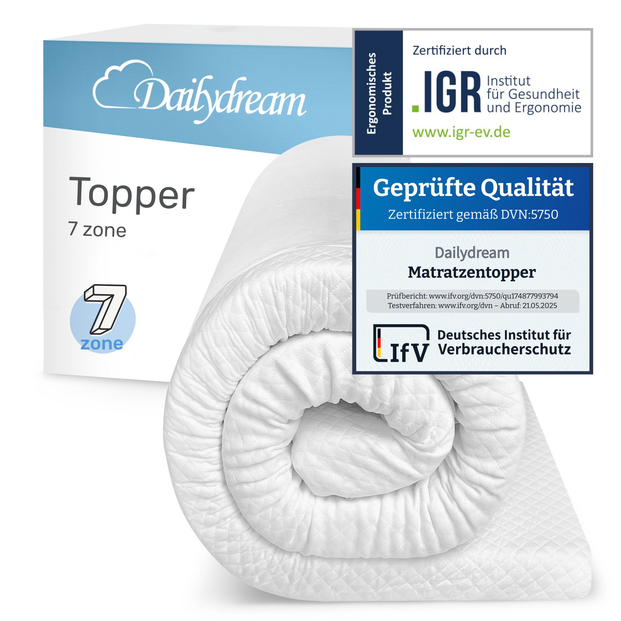 Dailydream, Topper Model "7 Zone" aus Komfortschaum und 7 Liegezonen von, 4 cm hoch, mit 7-Zonen Kern schafft die ideale Schlafposition