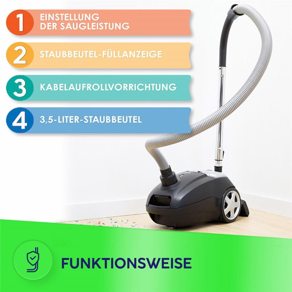MPM Bodenstaubsauger MPM MOD-54 Beutelstaubsauger 3,5 l HEPA 13 leise, 3,5-l-Staubbeutel, HEPA 13, Saugkraftregelung