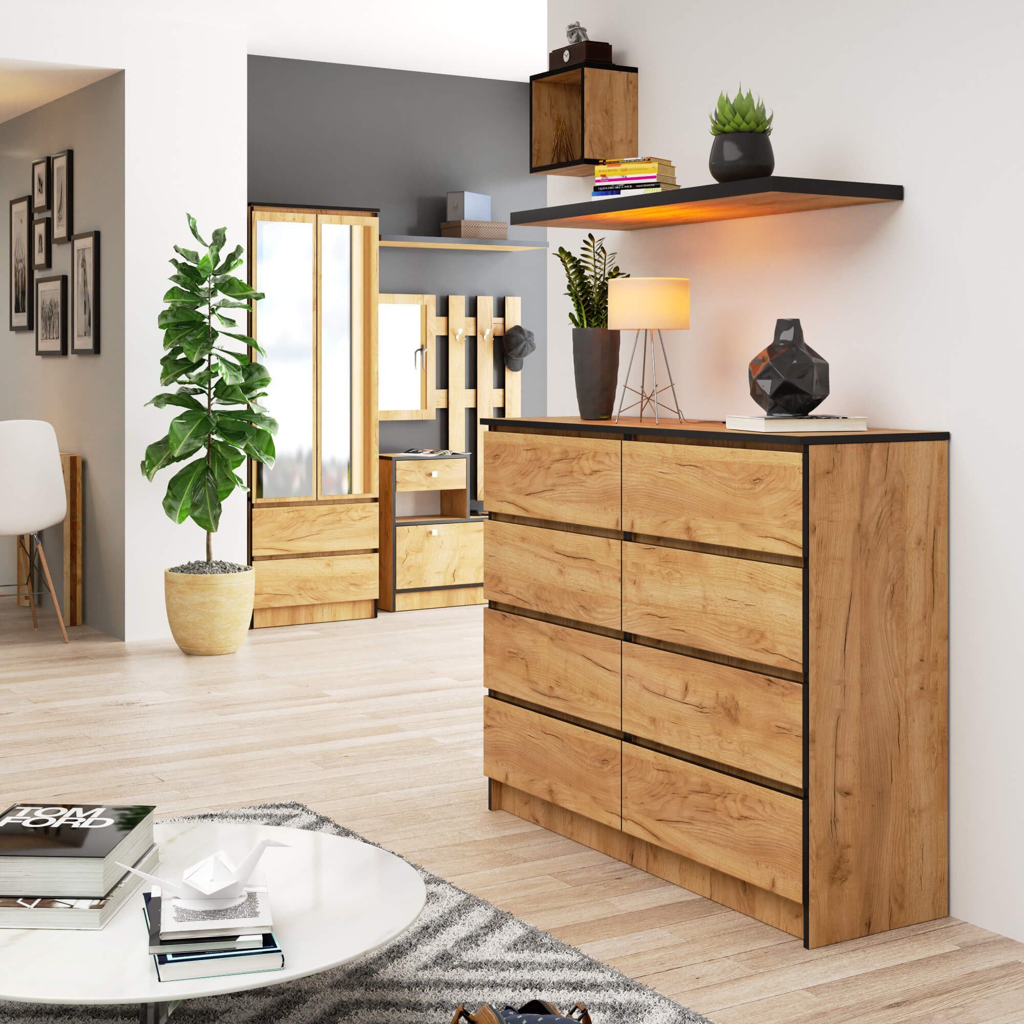 Raumhirsch Furniture Kommode mit 8 Schubladen 120 cm breit Holz Schrank, (viele Farbvarianten - Maße: 120 x 99 x 40 cm) - Hochwertig & stabil
