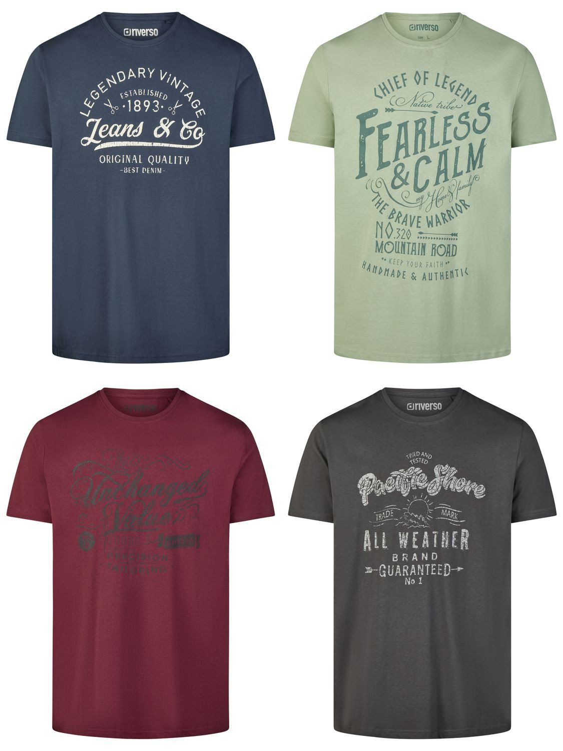 riverso T-Shirt Herren Printshirt RIVLeon Regular Fit (4-tlg) Kurzarm Tee Shirt mit Rundhalsausschnitt aus 100% Baumwolle