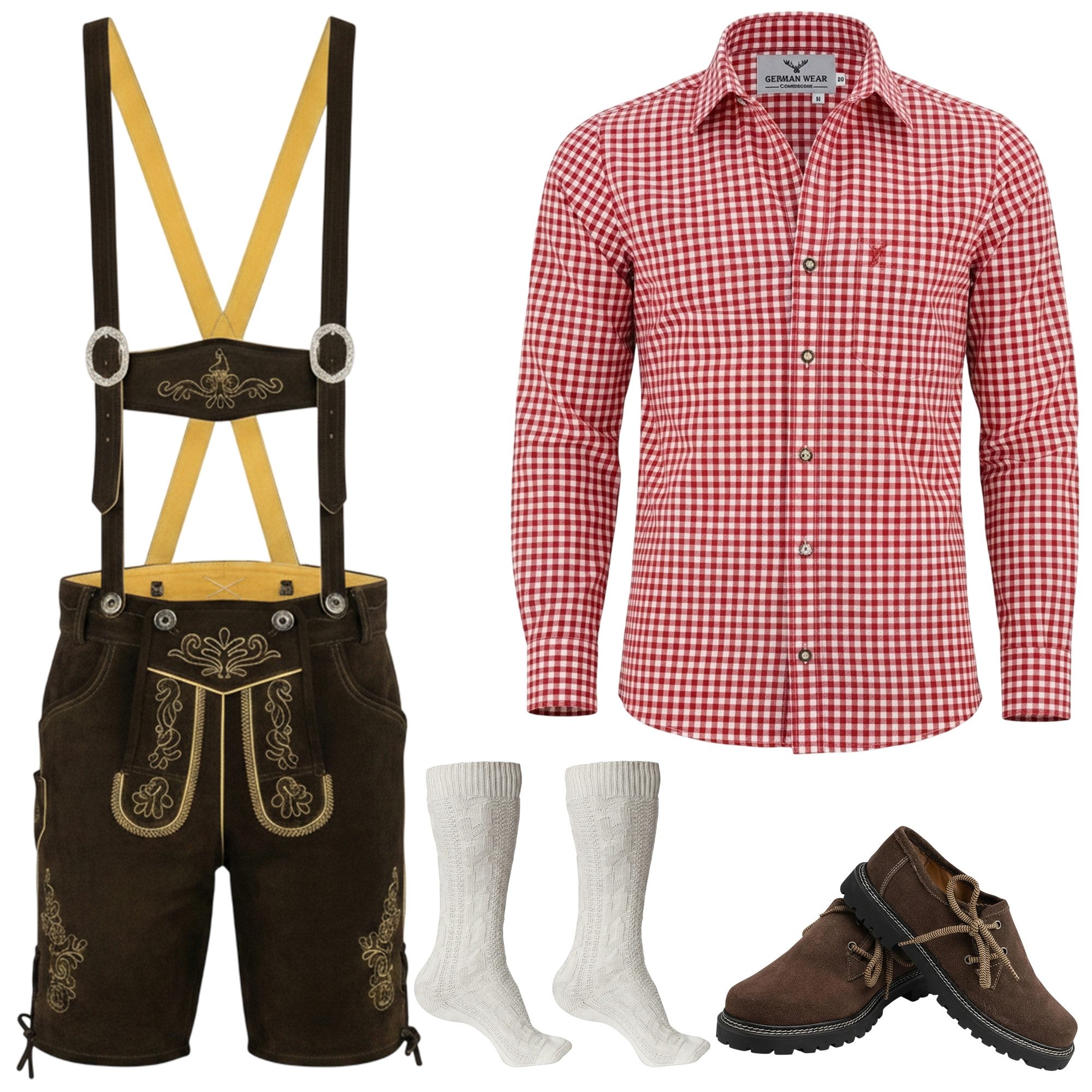 German Wear Trachtenlederhose Trachten Set + Hemd Rot (Spar-Set, 5-Teilig Set) Trachten Set Hose, Hemd, Schuhe, Socken & Hosenträger