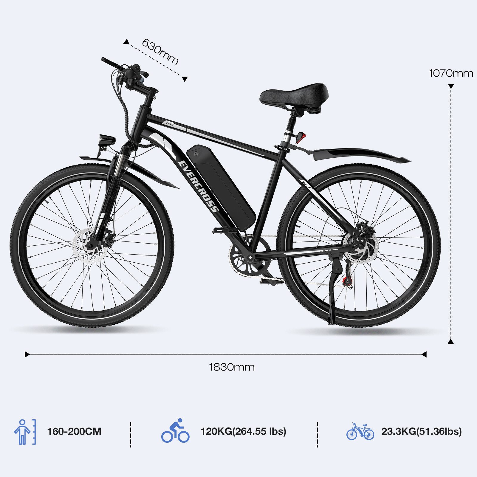 EVERCROSS TECH E-Bike Cityrad für Pendler,27,5-Zoll-Elektrofahrrad,36V 13AH AKKU, 7 Gang, Heckmotor, 468 Wh, 1 Gang, 250W, 468 Wh,E-Citybike mit Schloss, Pumpe
