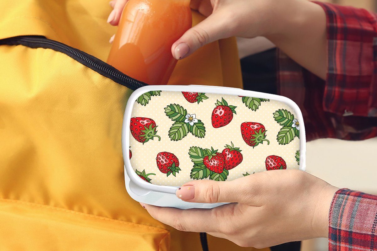 MuchoWow weiß - Erdbeeren Brotbox Mädchen Jungs - für Erwachsene, Muster, für (2-tlg), Lunchbox Obst Kunststoff, Brotdose, und und Kinder