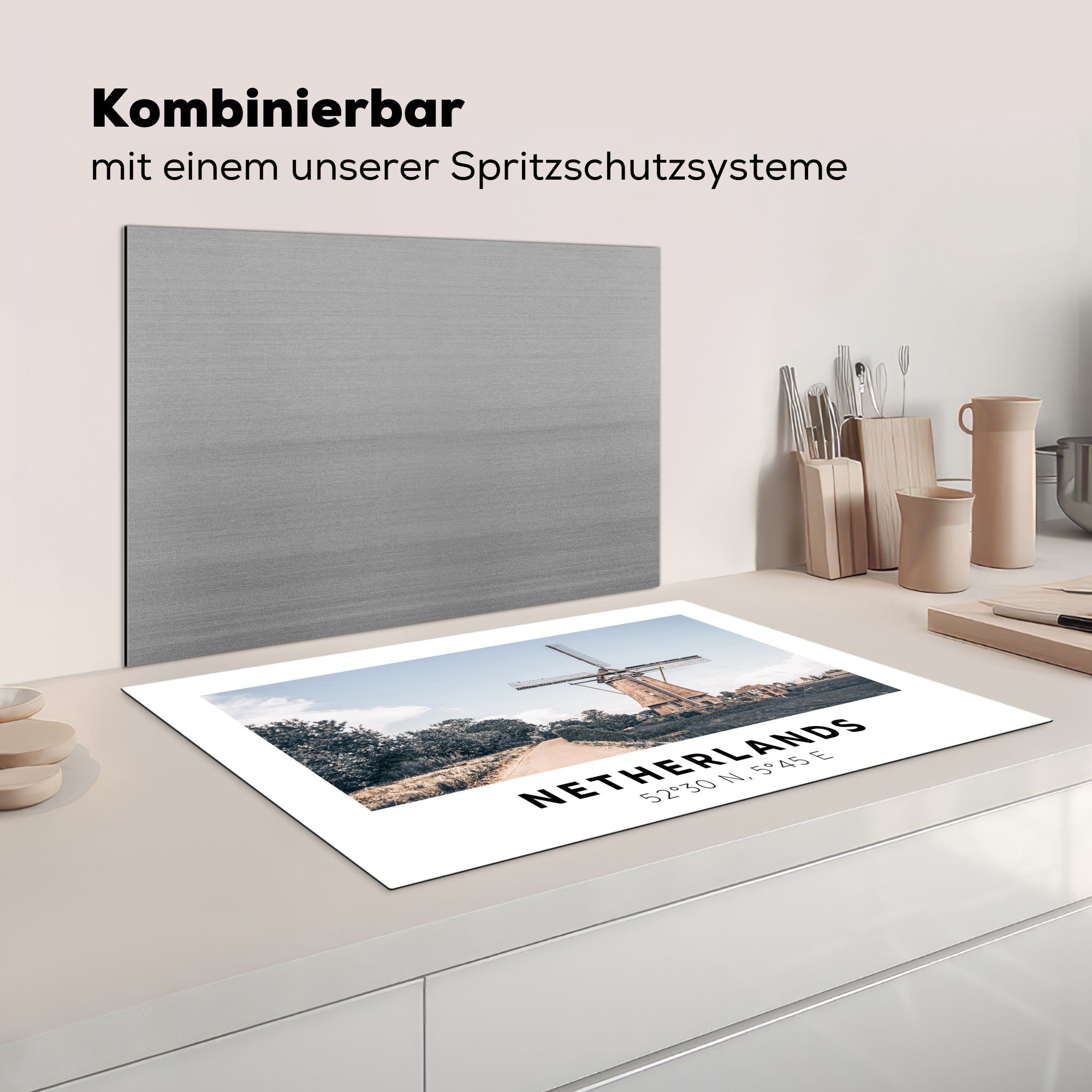 Herdblende-/Abdeckplatte Windmühle tlg), cm, küche, 81x52 Vinyl, (1 - Ceranfeldabdeckung Niederlande Sommer, Schutz MuchoWow die Induktionskochfeld - für