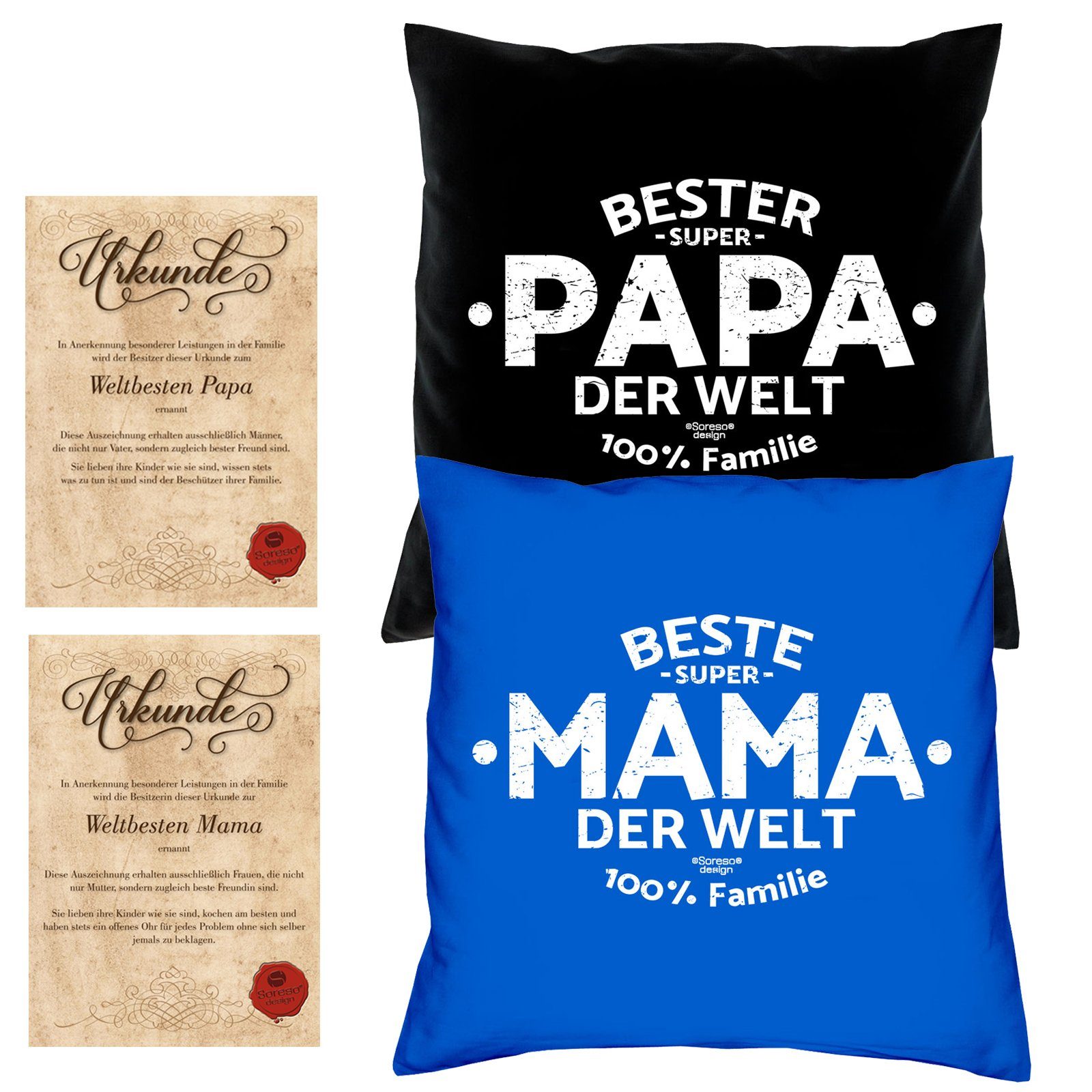 Soreso® Dekokissen Kissen-Set Beste Mama der Welt Bester Papa der Welt mit Urkunden, Geschenk Weihnachten Eltern schwarz