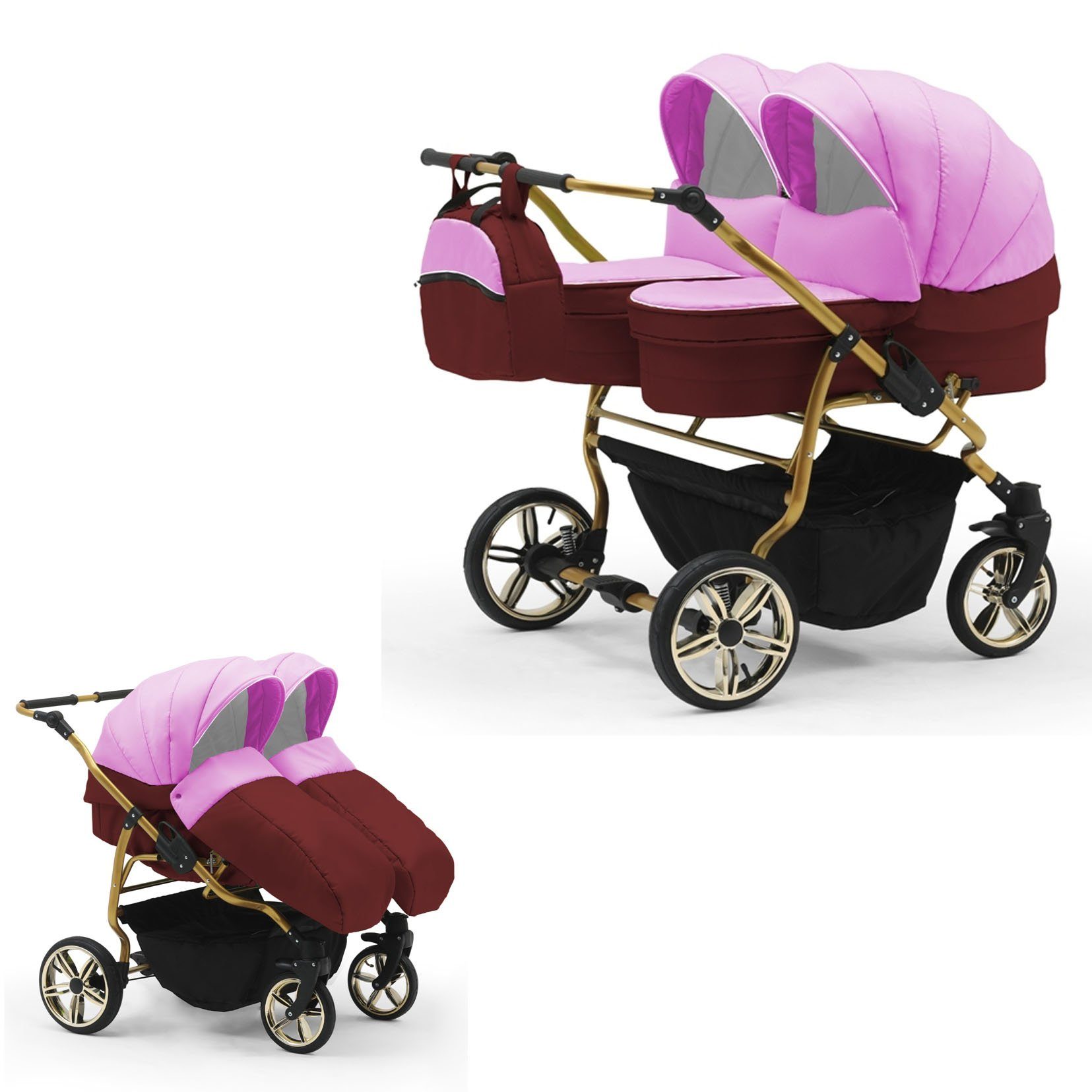babies-on-wheels Zwillingswagen Zwillingskinderwagen 2 in 1 Duet Lux - 10 Teile - in 33 Farben Pink-Bordeaux