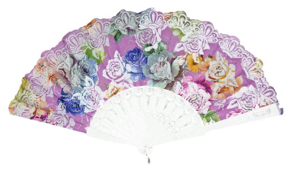 Das Kostümland Kostüm Glitzer Handfächer mit Rosen - Weiß / Lila