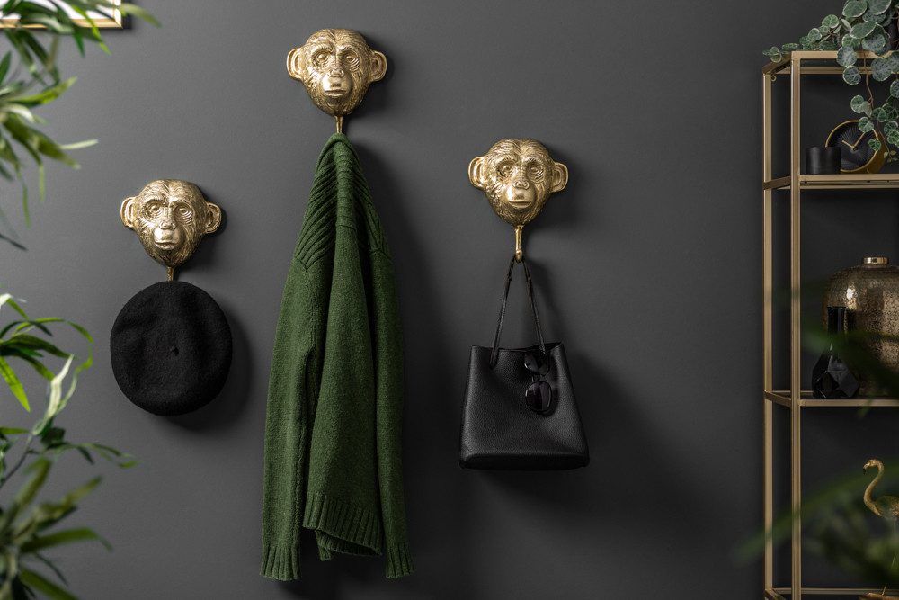 riess-ambiente Wandgarderobe THREE APES 25cm gold, Metall · Affen-Kopf · Urban Jungle · Kleiderhaken · Wanddekoration