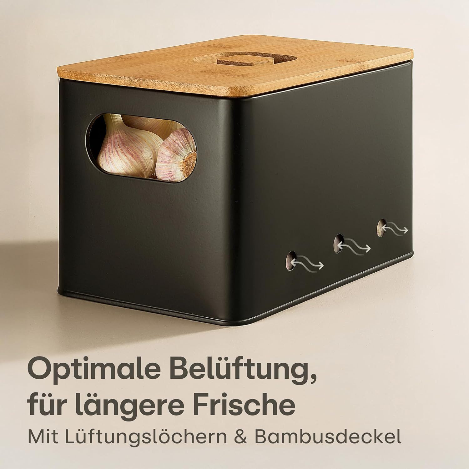 Praknu Vorratsdose Kartoffel Aufbewahrungsbox 3er Set - Mit Belüftung für längere Frische, Eisen, FSC® Bambus, (Aufbewahrungsbox-Set, 7-tlg., 3 Boxen inkl. Zubehör), Stapelbar, Nachhaltig, Mit FSC® Bambusdeckel, Mit Etiketten & Stift