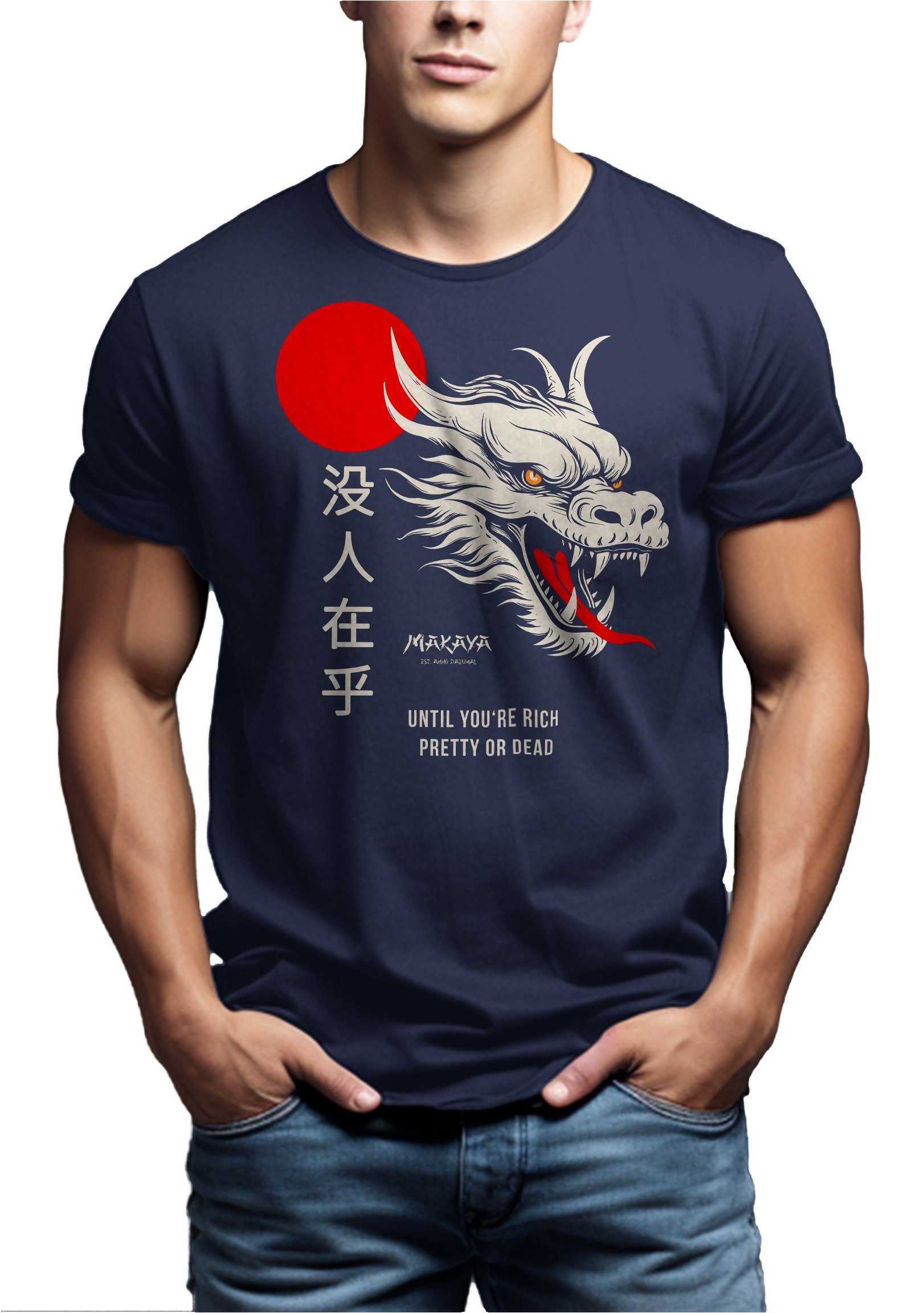 mit Nobody Geschenke Coole MAKAYA Print-Shirt Spruch Cares Drachen Chinesischen Dragon Blau Schriftzeichen