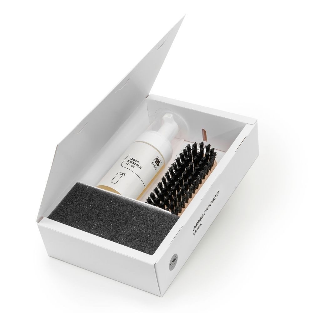 Musterring 1003 Glattleder Reinigungs-Set starker Lederreiniger (3-tlg. mit 125ml Reiniger, Schwamm & Reinigungsbürste für Glattleder Sofas, Sessel & Lederoberflächen)