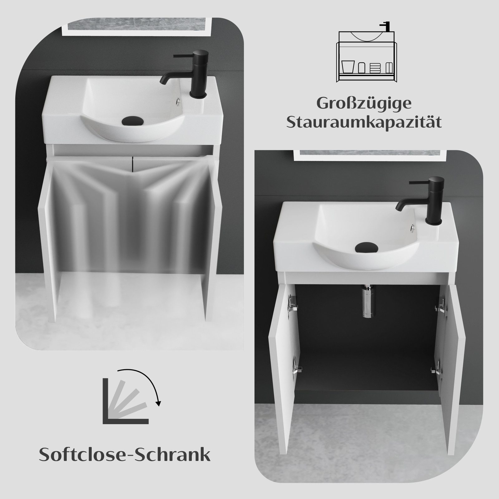 Alpenberger Badmöbel-Set Waschbecken mit Unterschrank und Spiegel Gäste WC Waschtisch Set 55 cm, (Waschtisch mit Unterschrank Weiss, Gäste WC Möbel mit Spiegel) – Bild 4 von 5