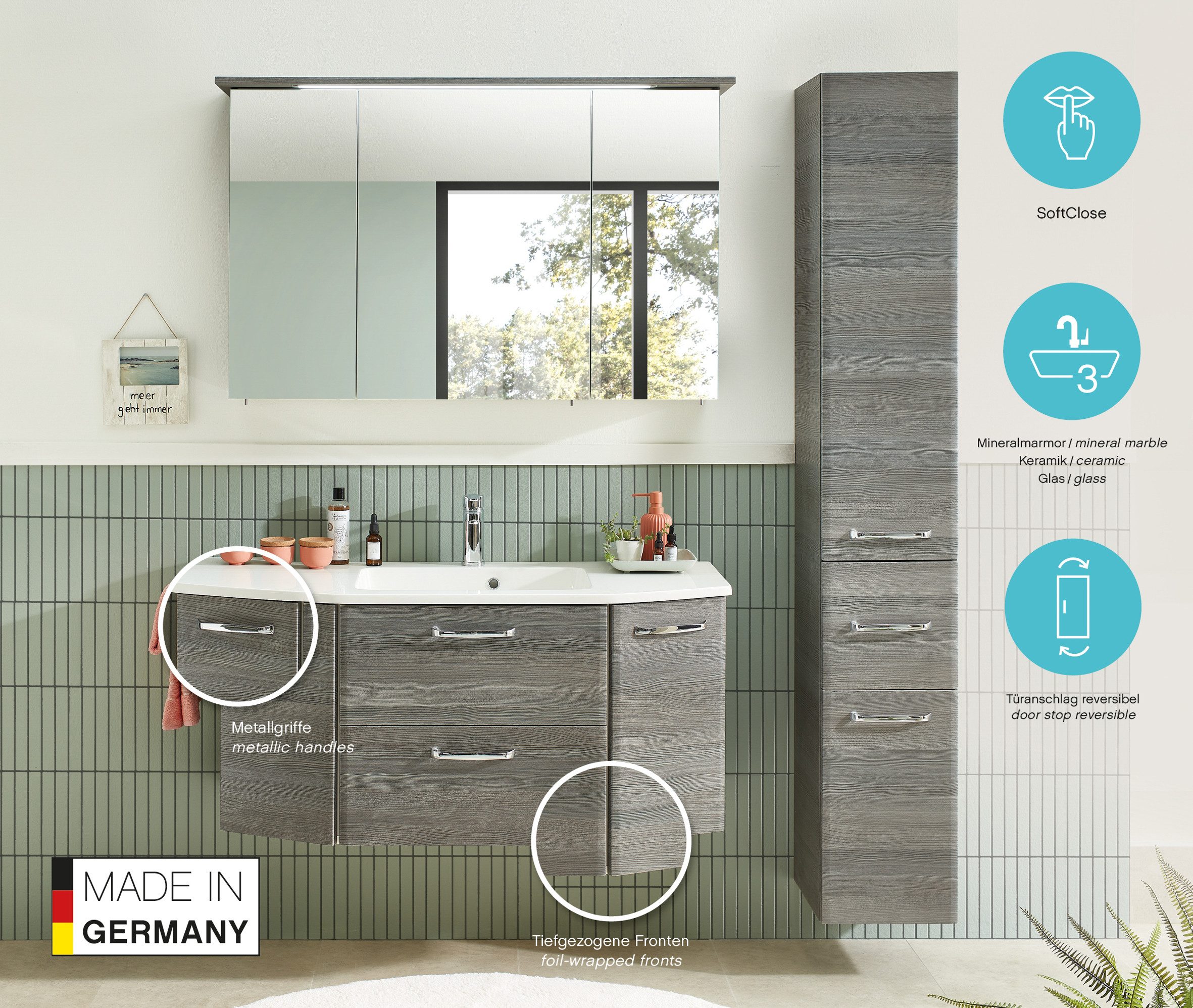 Saphir Hochschrank Quickset Badschrank 30 cm breit, 2 Türen, 1 Schublade, 3 Einlegeböden Badezimmer-Hochschrank inkl. Türdämpfer, Griffe in Chrom glänzend – Bild 3 von 5