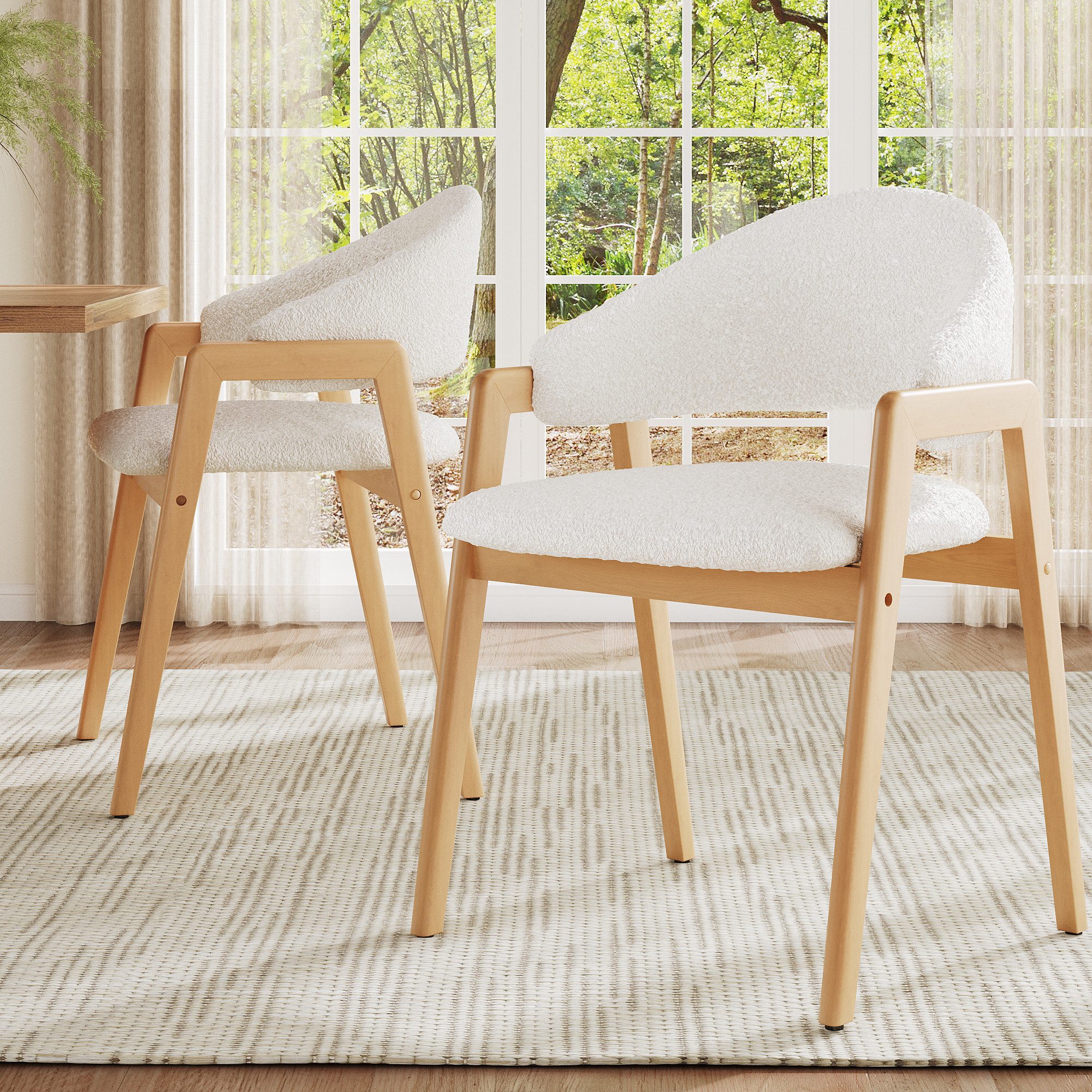 Flieks Esszimmerstuhl mit gebogene Rückenlehne und Armlehnen (Set, 2 St), 2er Set Polsterstühle Wohnzimmerstuhl Lammfellstoff Weiß