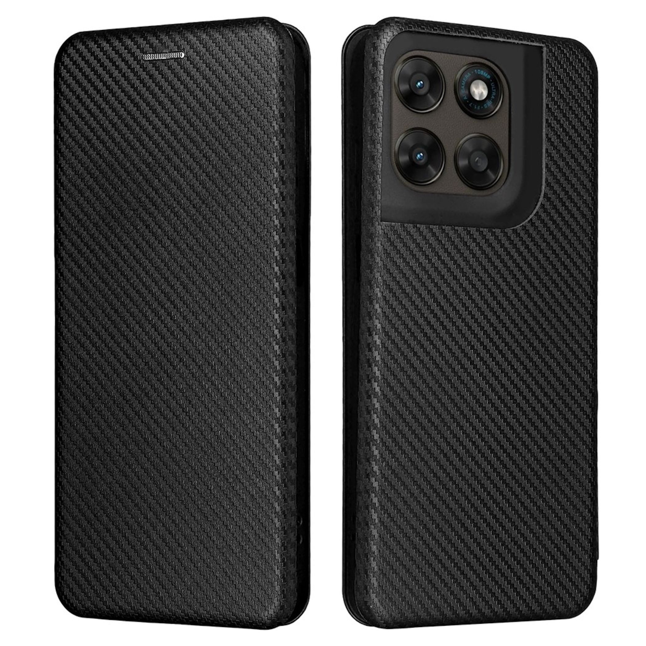 Wigento Handyhülle für Motorola Moto G87 / G77 / G67 Carbon Textur Design Flip Schwarz 6,78 Zoll, Carbon Faser Flip Schutzhülle mit Kartenfach und Ständer