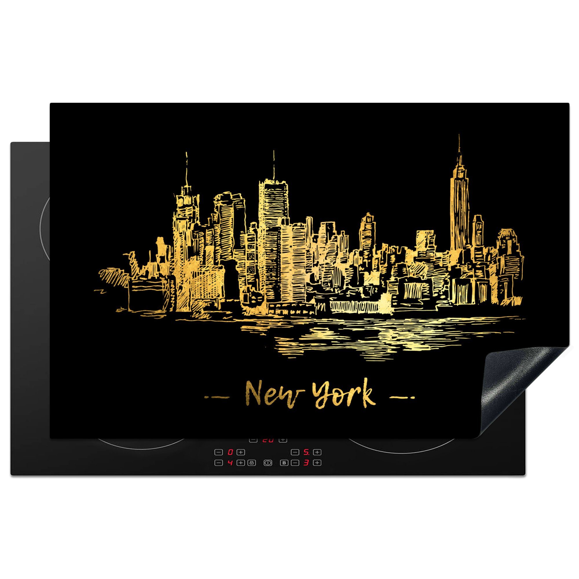 MuchoWow Herdblende-/Abdeckplatte New York - Skyline - Gold, Vinyl, (1 tlg), 81x52 cm, Induktionskochfeld Schutz für die küche, Ceranfeldabdeckung