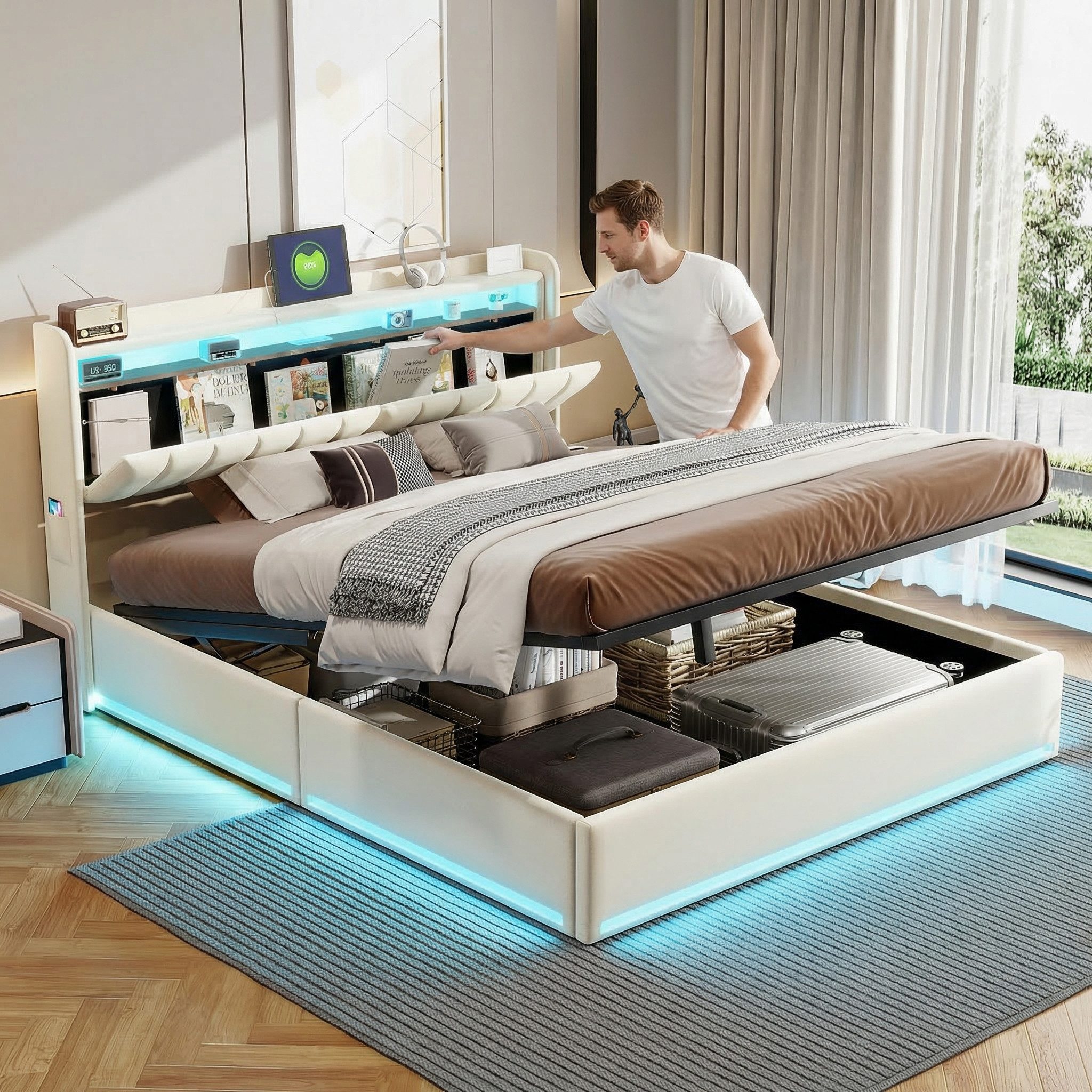PXloue Polsterbett LED Doppelbett, Bettkasten, Ladefunktion, Samt, 140x200 cm