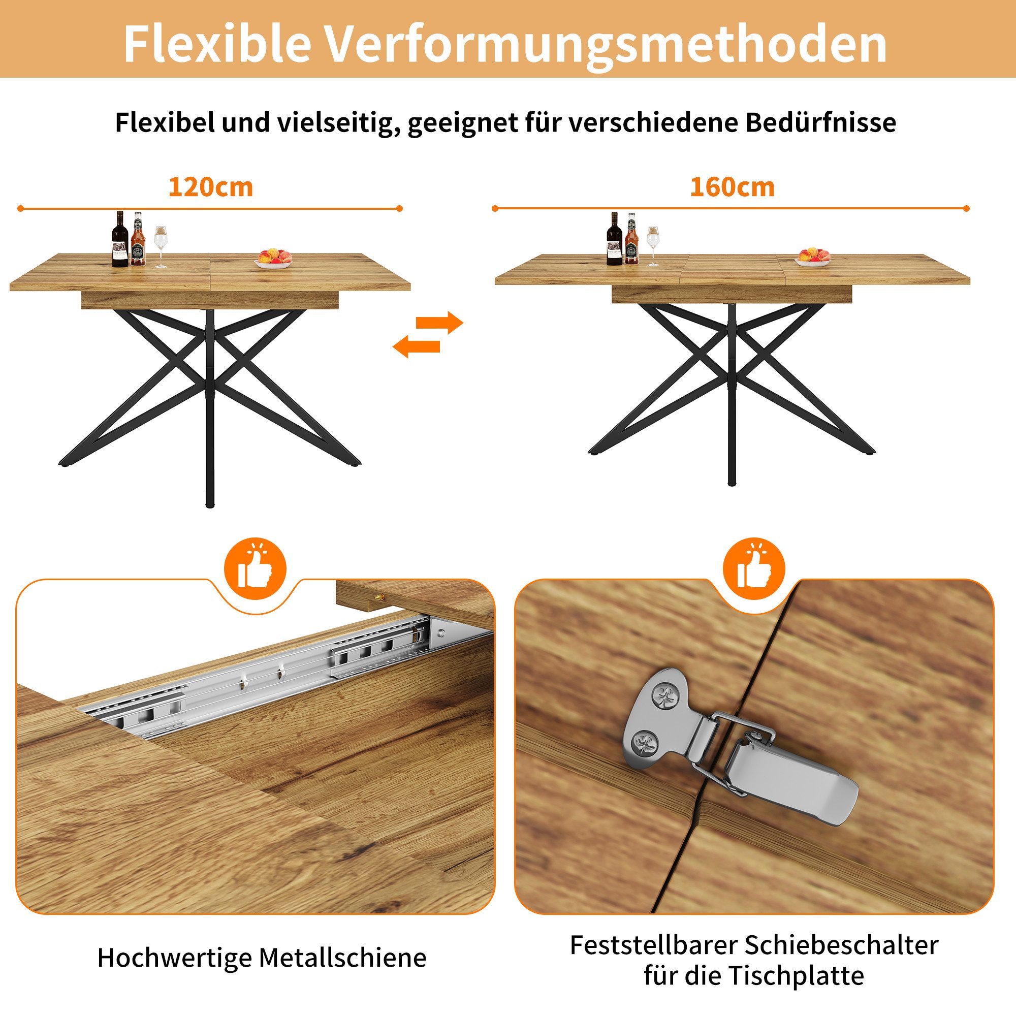 Celya Esstisch Ausziehbarer Esstisch 120 (160) x 80 cm, ausziehbarer Küchentisch (Tischplatte aus Walnussholz/Marmorimitat), Frühstückstisch, sternförmige Tischbeine, schwarze Eisenbeine